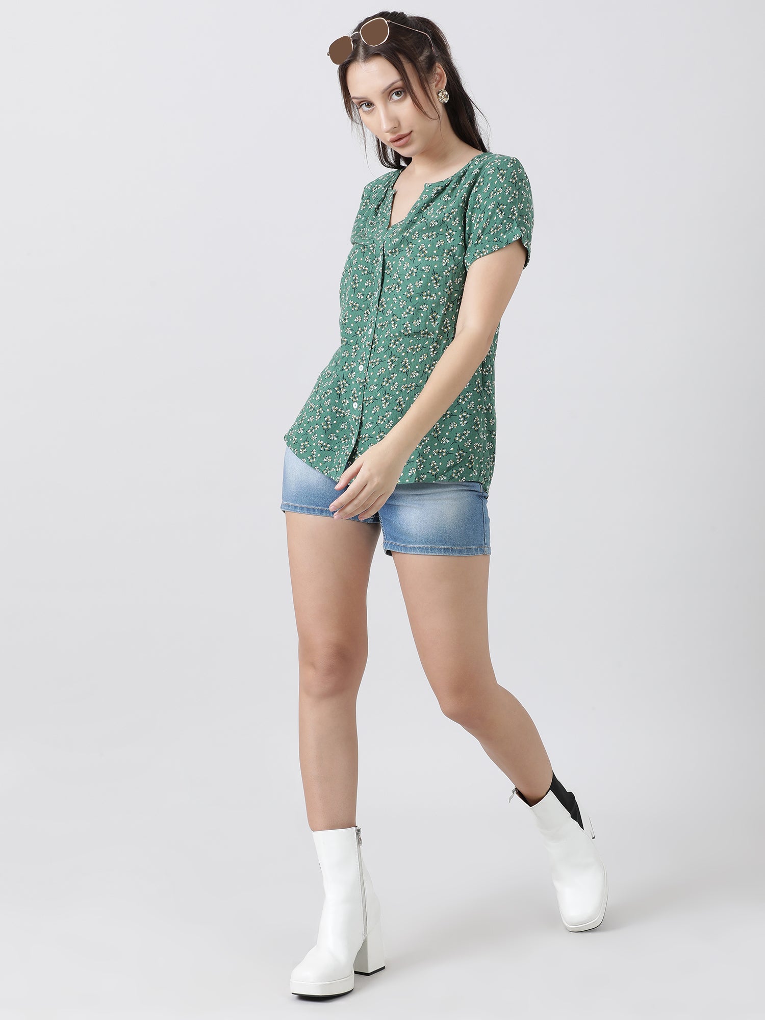 Women Regular Fit Printed Green Top