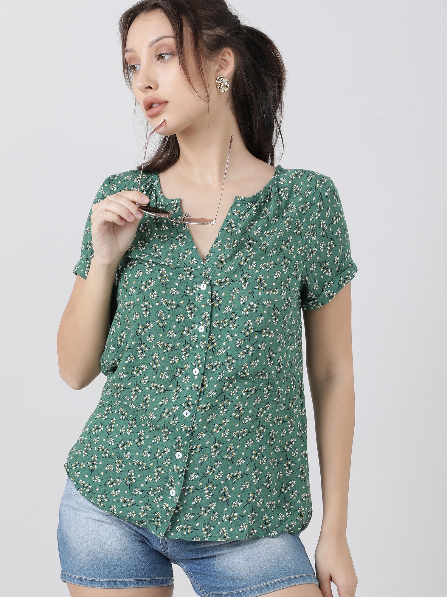 Women Regular Fit Printed Green Top