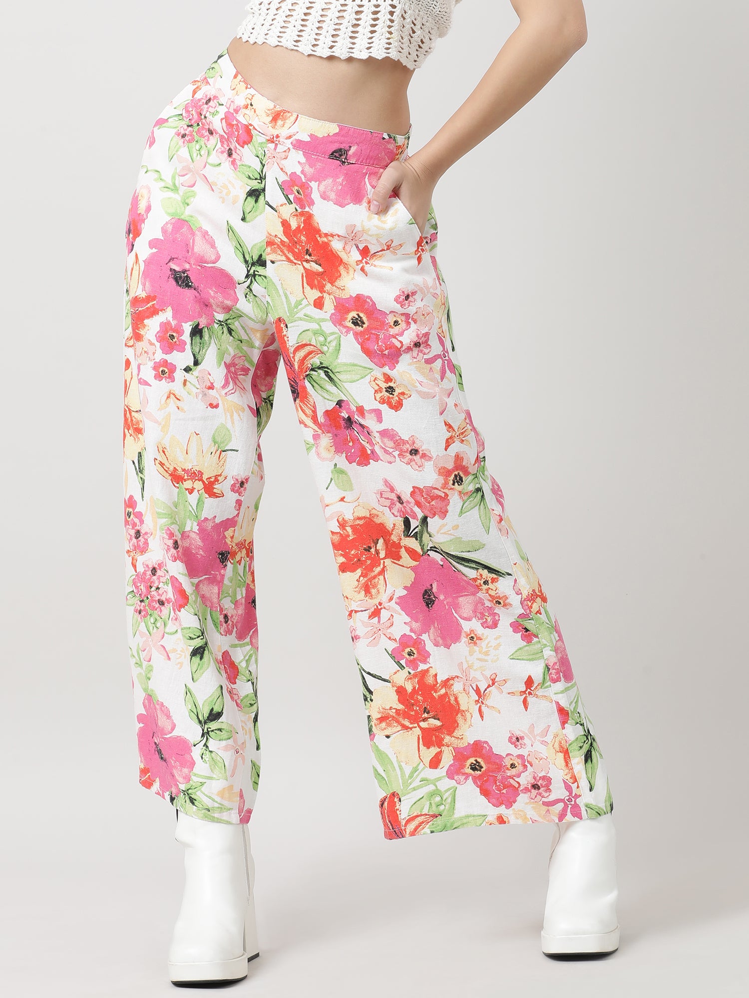 Women Loose Fit Pink Floral Print Pants