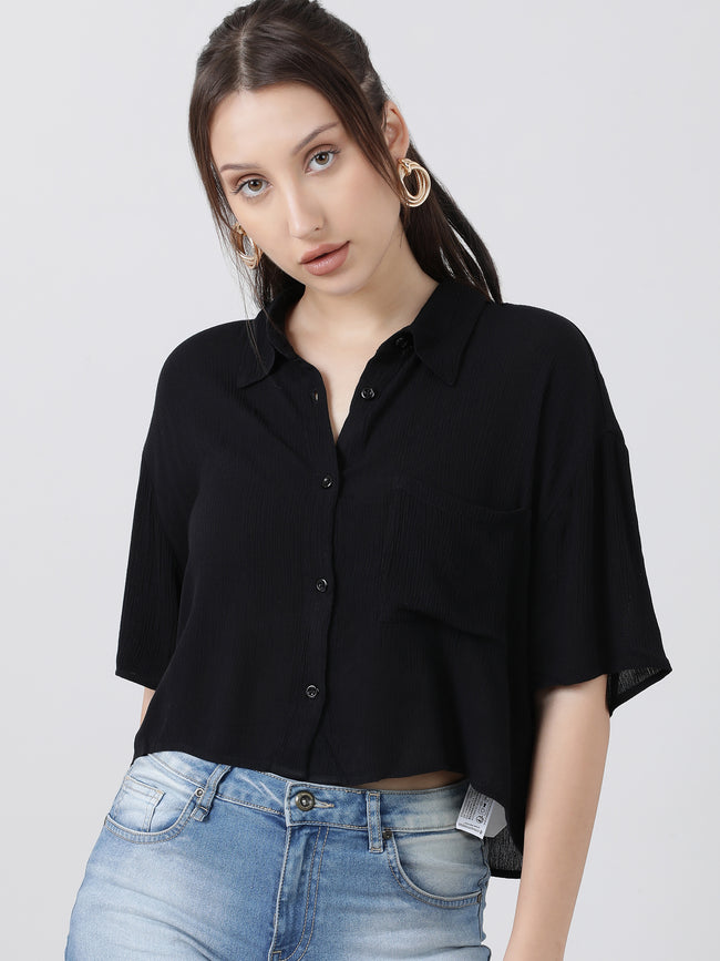 Women Regular Fit High Low Button Down Black Shirt