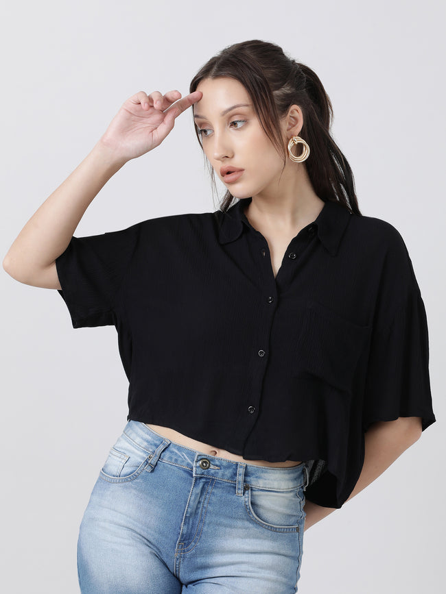 Women Regular Fit High Low Button Down Black Shirt