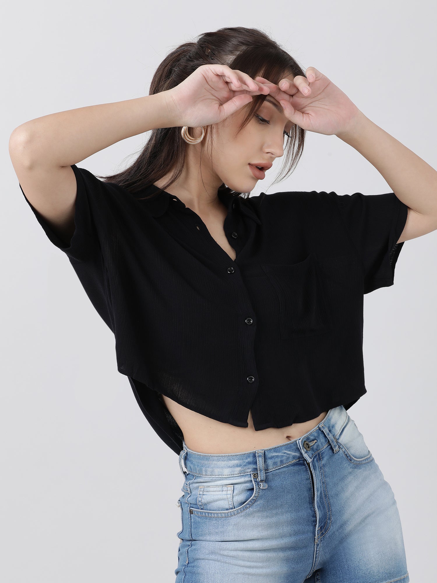 Women Regular Fit High Low Button Down Black Shirt