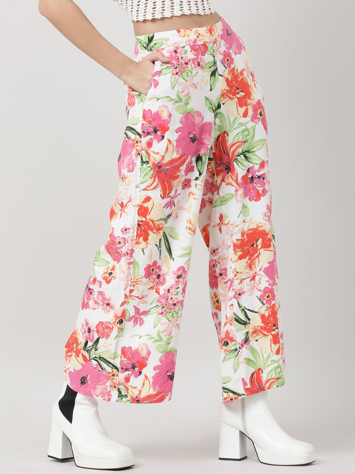 Women Loose Fit Pink Floral Print Pants