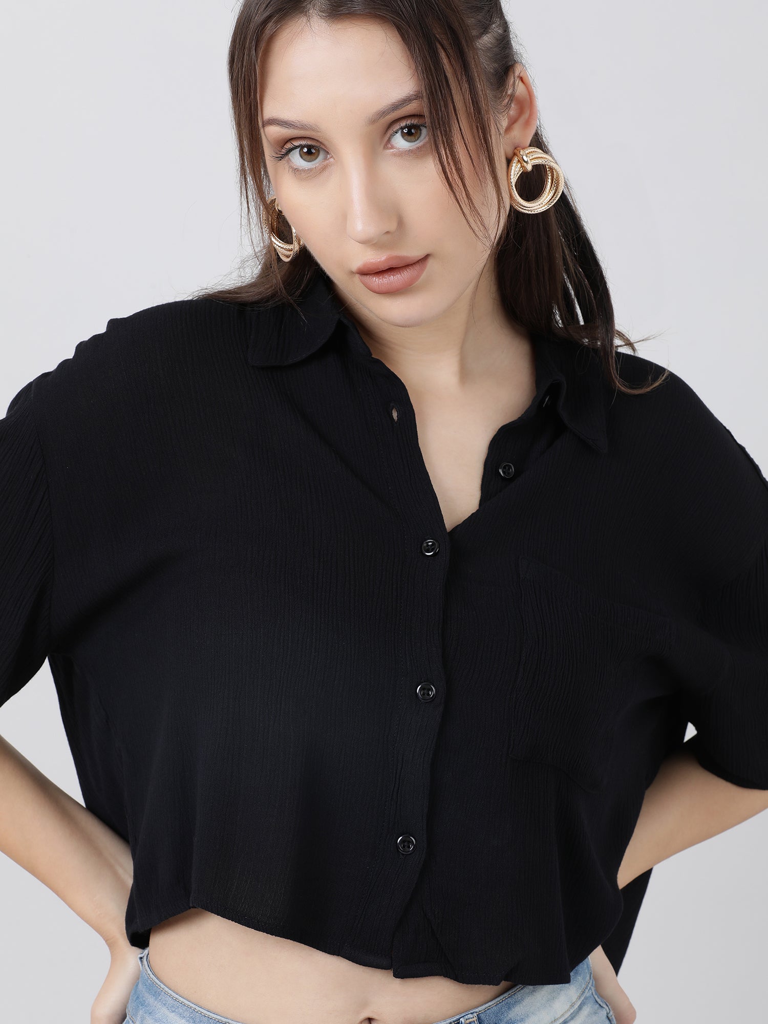 Women Regular Fit High Low Button Down Black Shirt