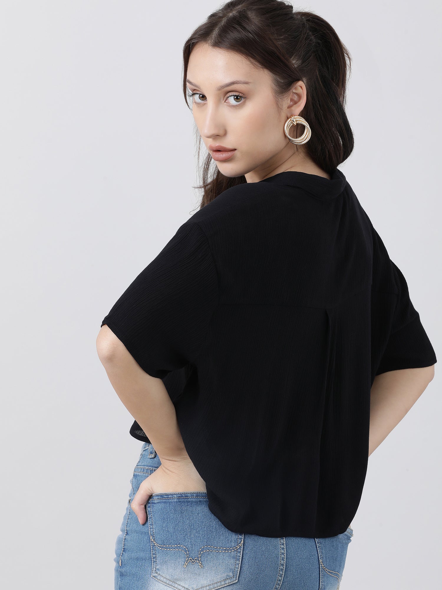 Women Regular Fit High Low Button Down Black Shirt