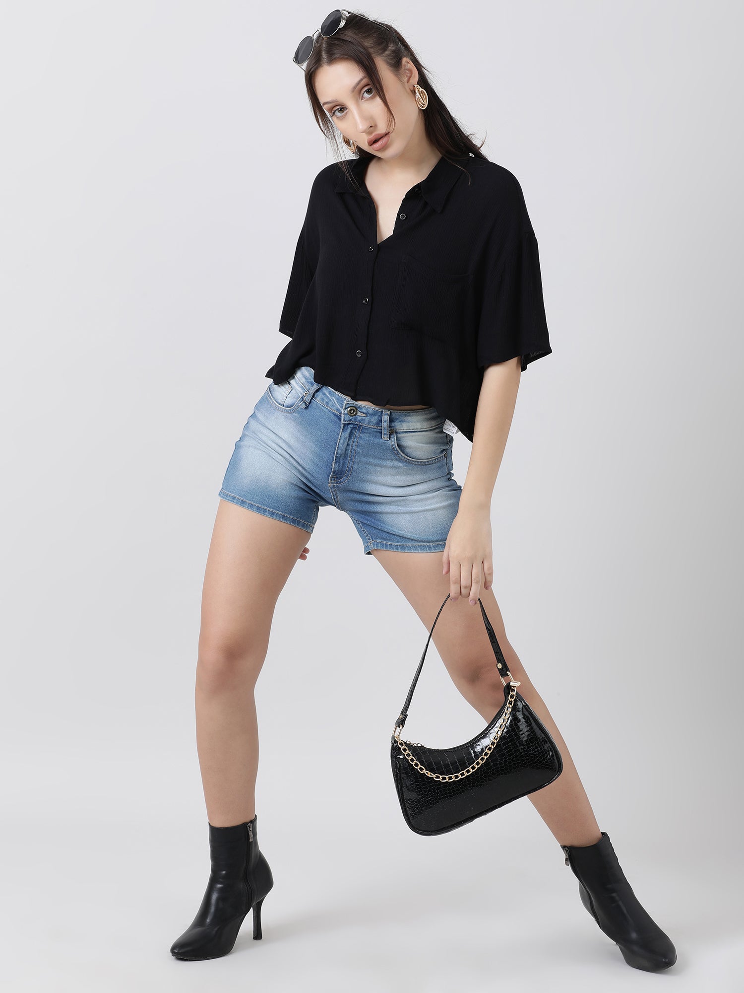 Women Regular Fit High Low Button Down Black Shirt