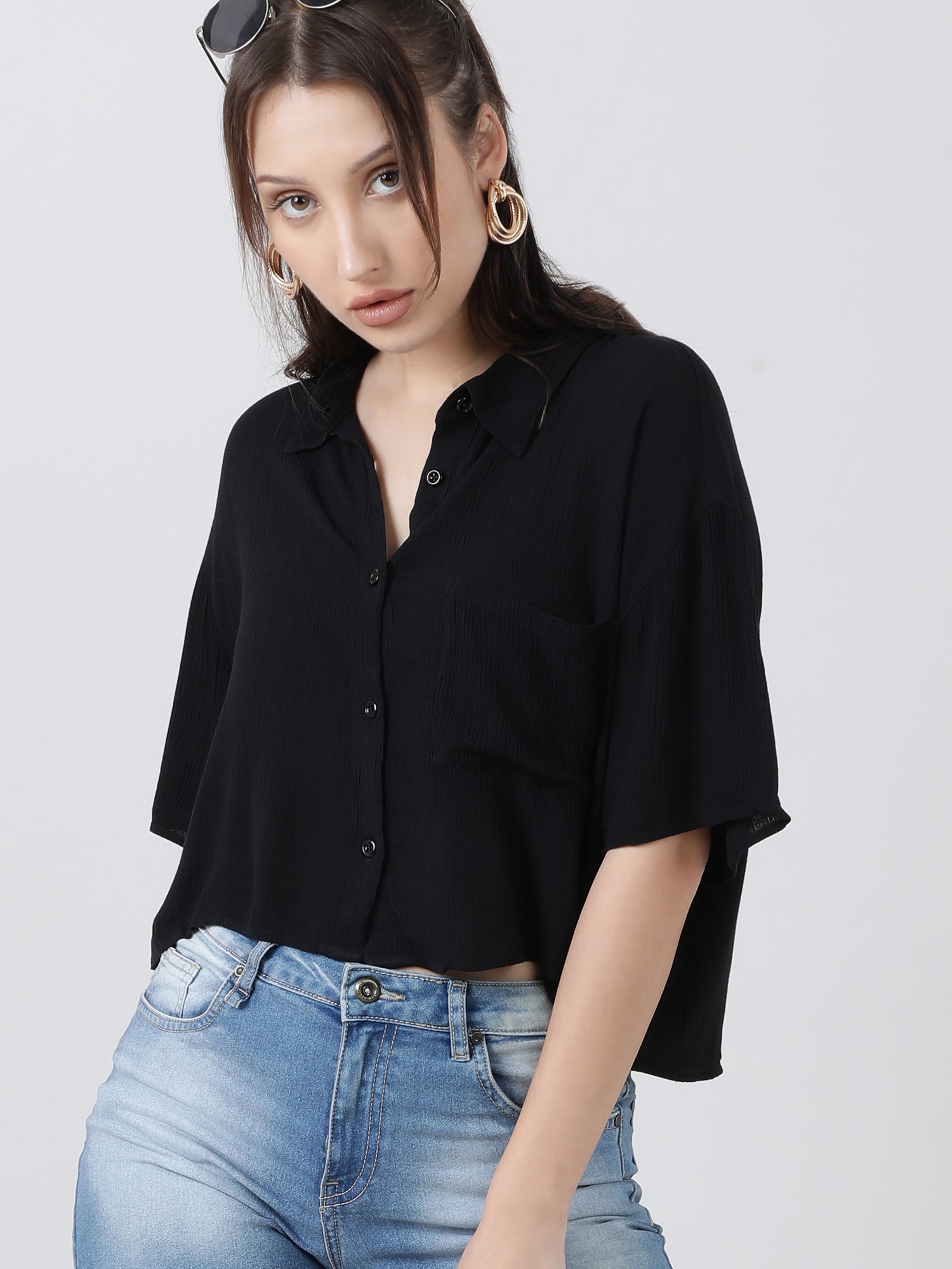 Women Regular Fit High Low Button Down Black Shirt