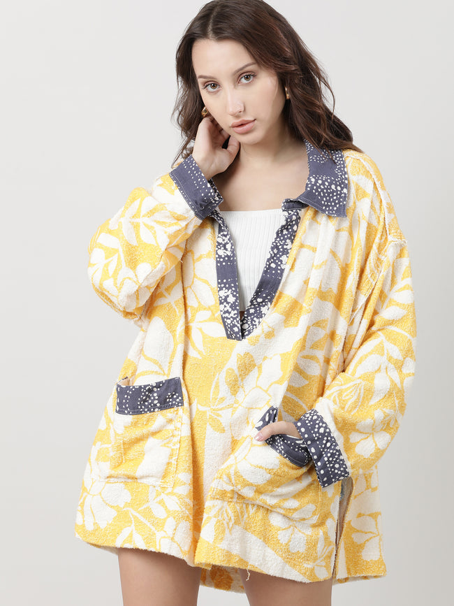 Women Relaxed Fit Light Yellow Floral Sweatshirt With Collar