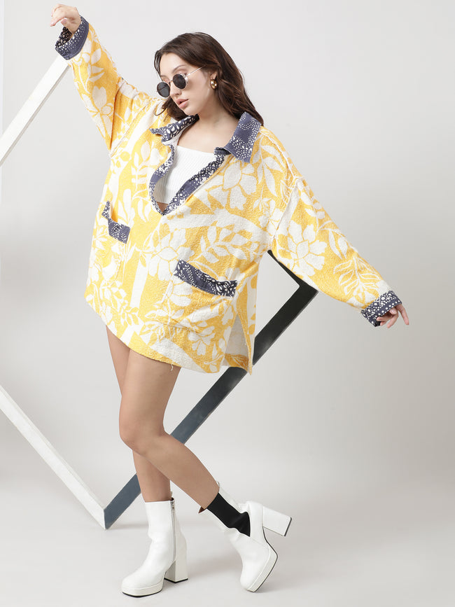 Women Relaxed Fit Light Yellow Floral Sweatshirt With Collar