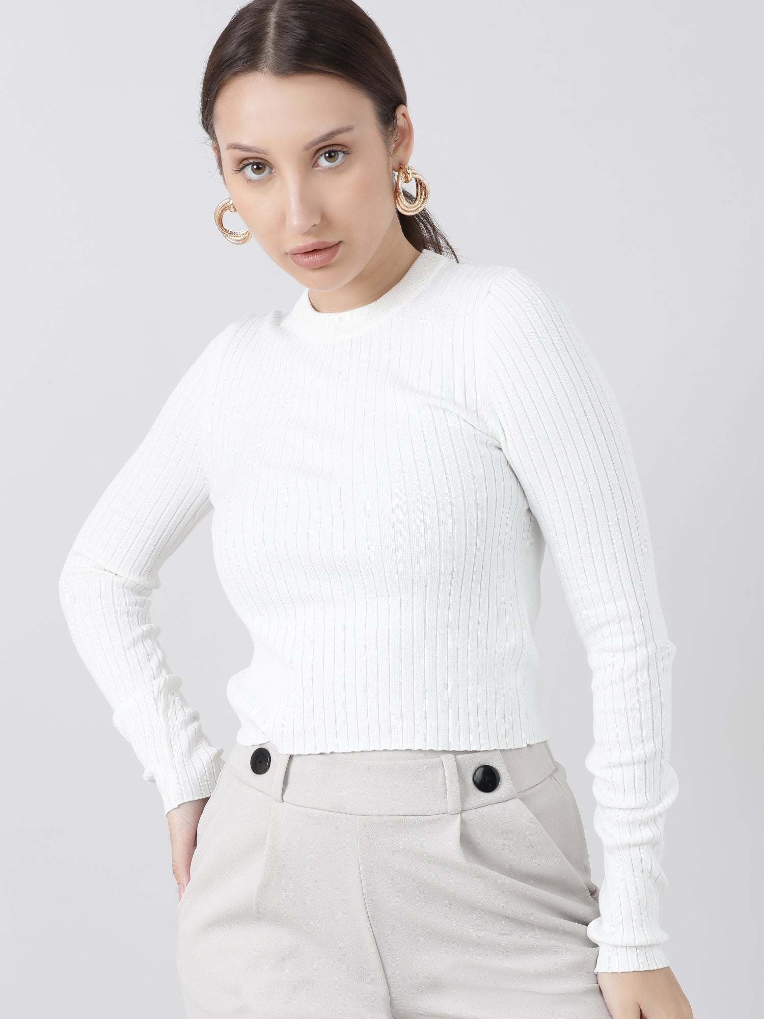 Women Slim Fit White Ribbed Top