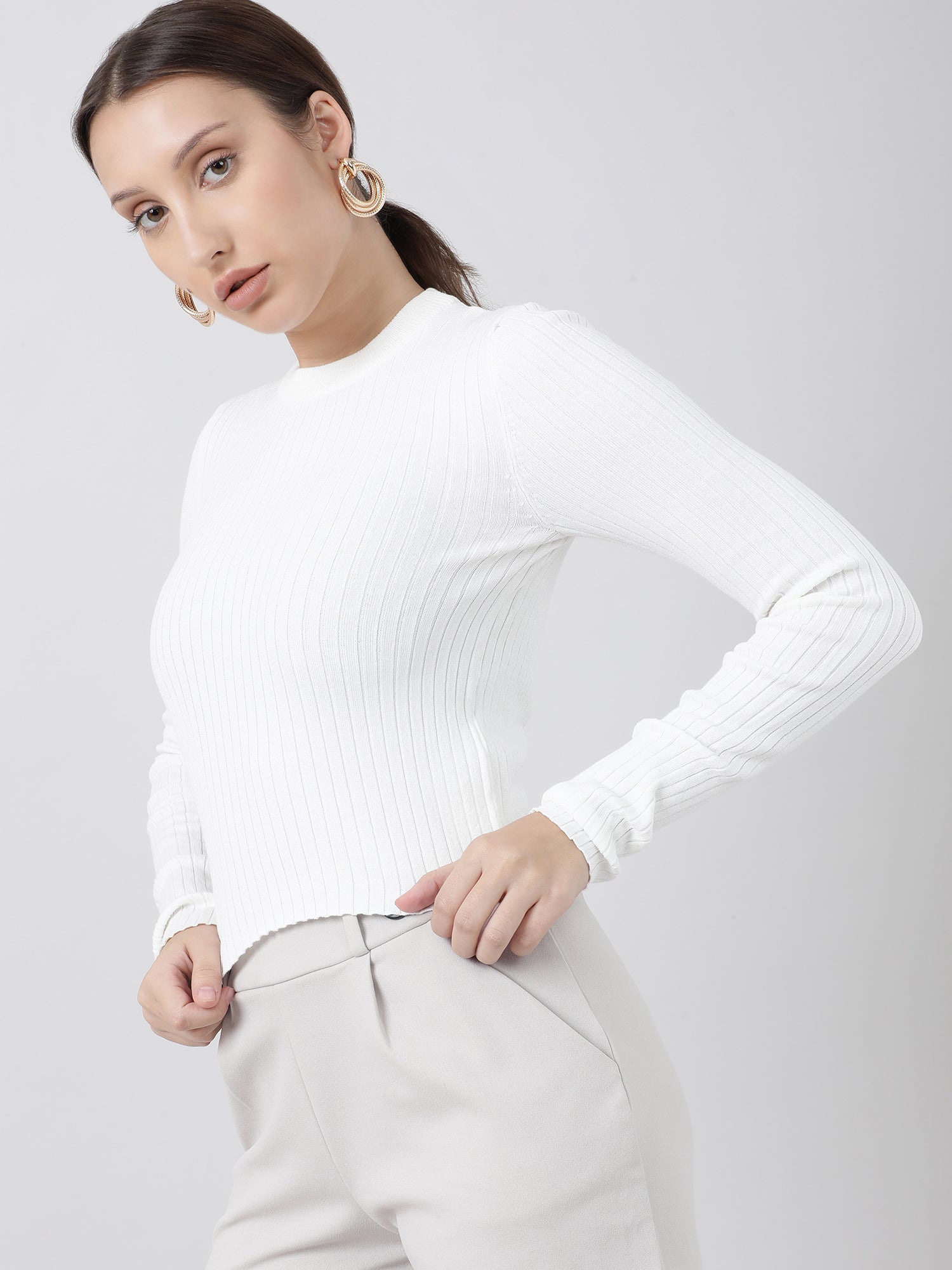 Women Slim Fit White Ribbed Top