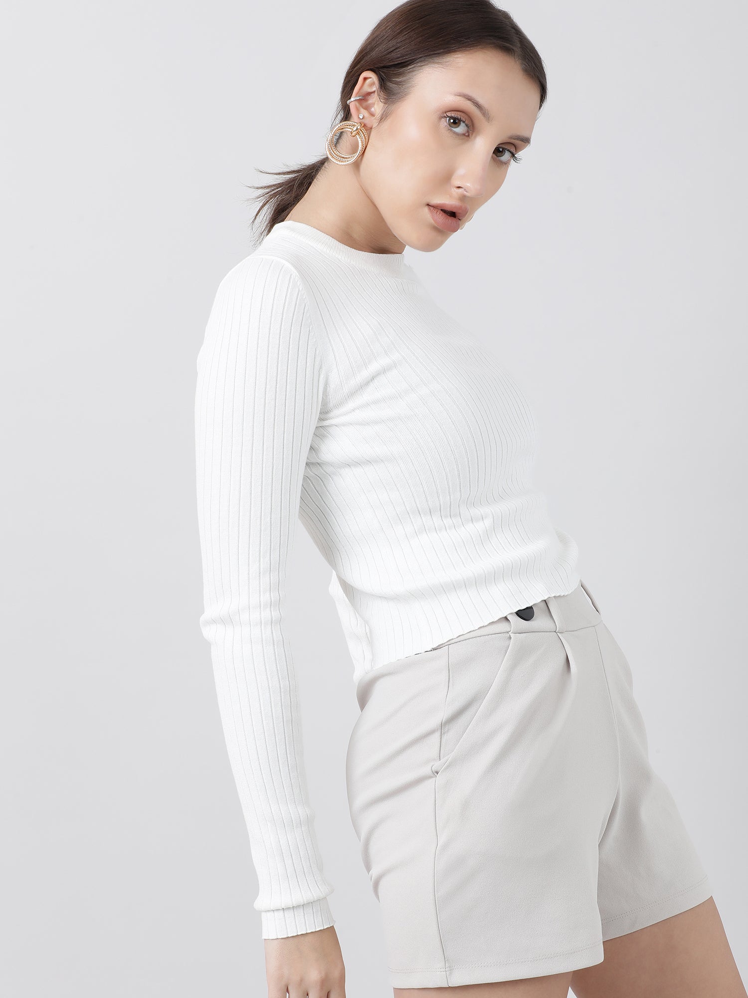 Women Slim Fit White Ribbed Top