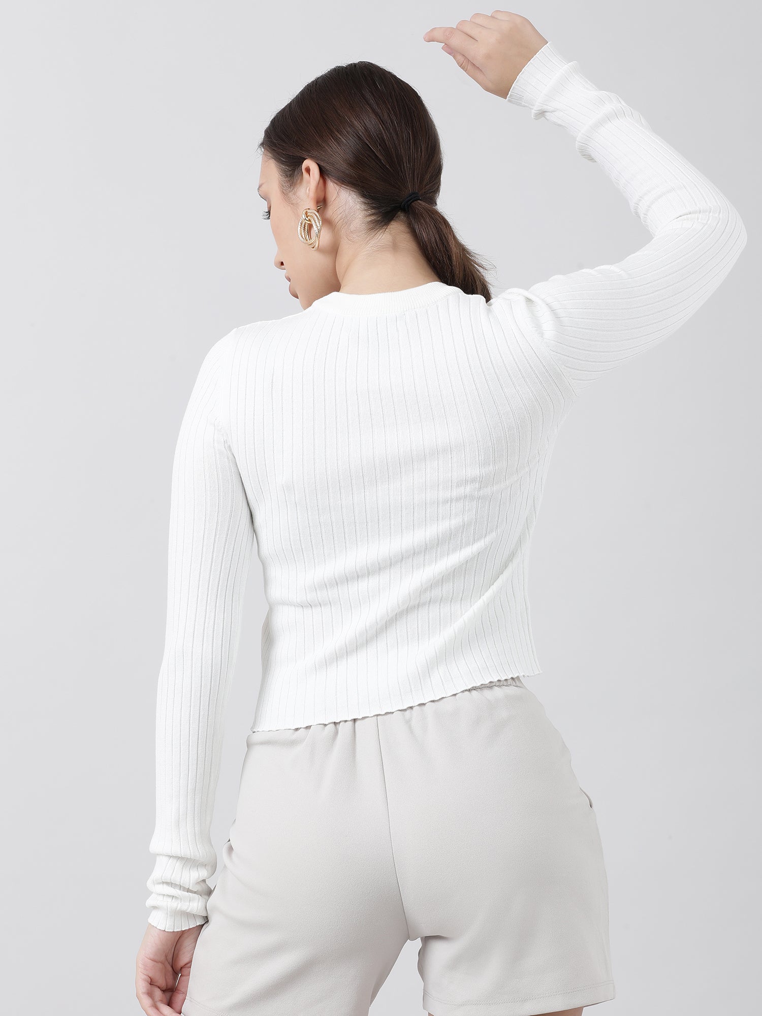 Women Slim Fit White Ribbed Top