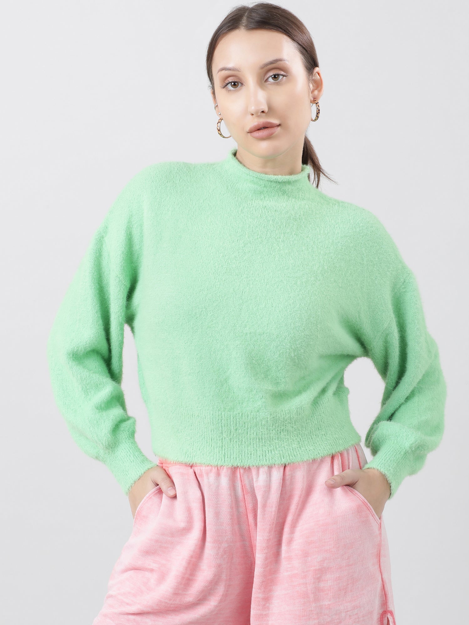 Women Slim Fit Green Geometric Sweater