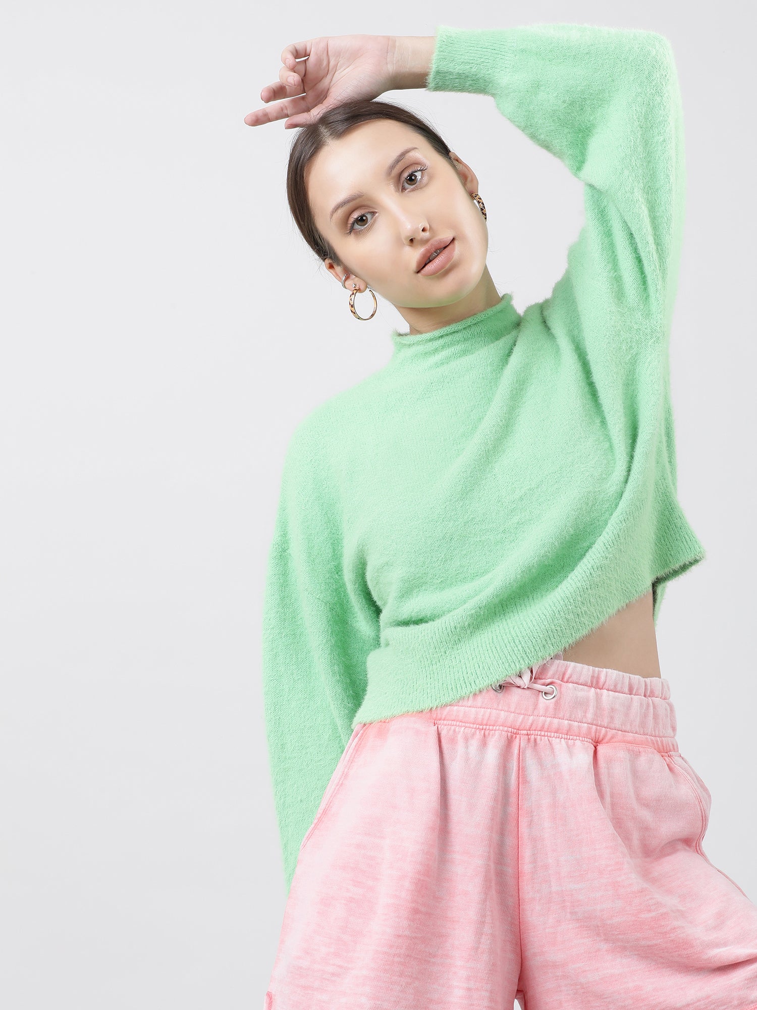 Women Slim Fit Green Geometric Sweater