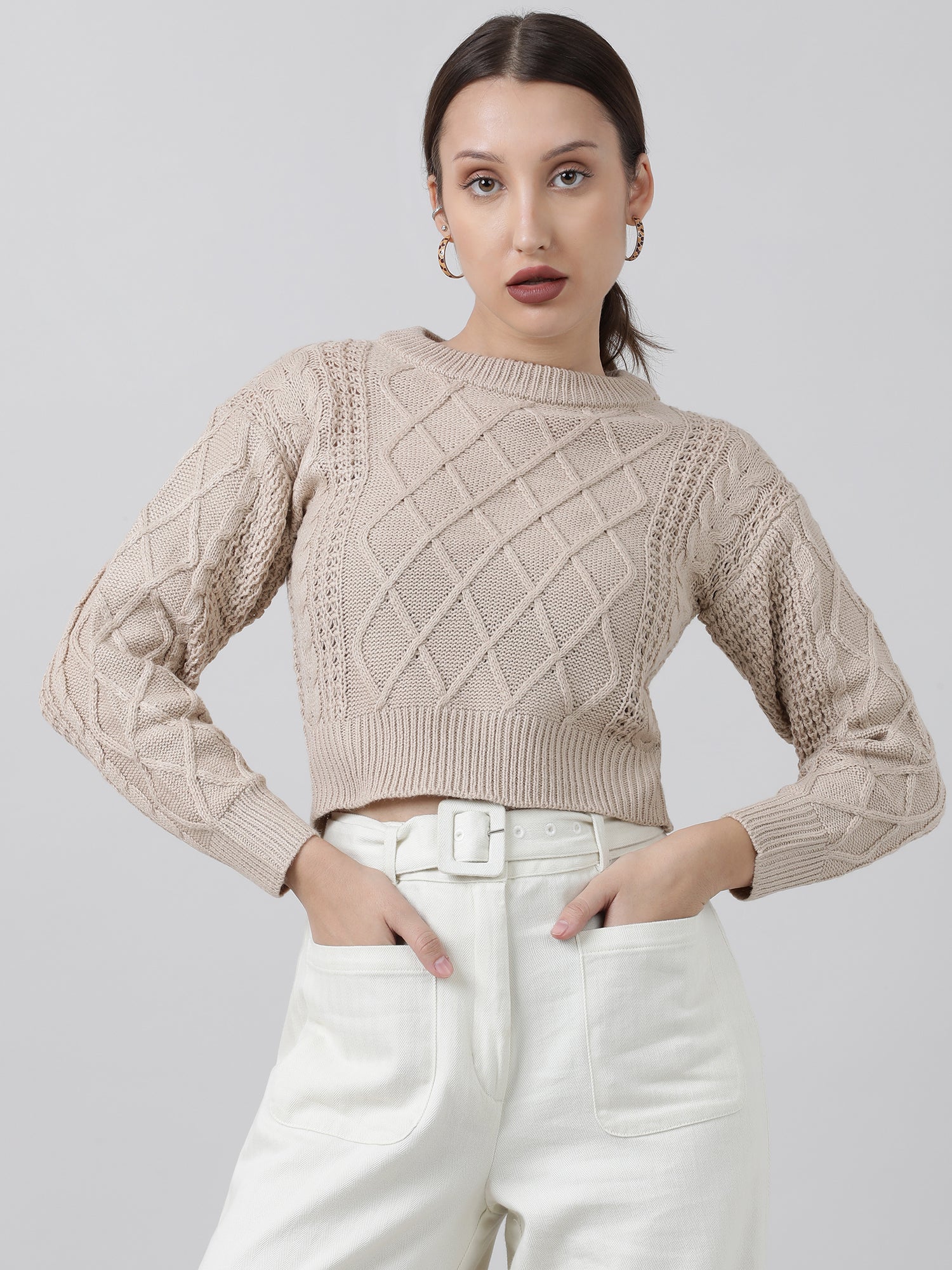 Women Regular Fit Knitted Beige Cropped Sweater