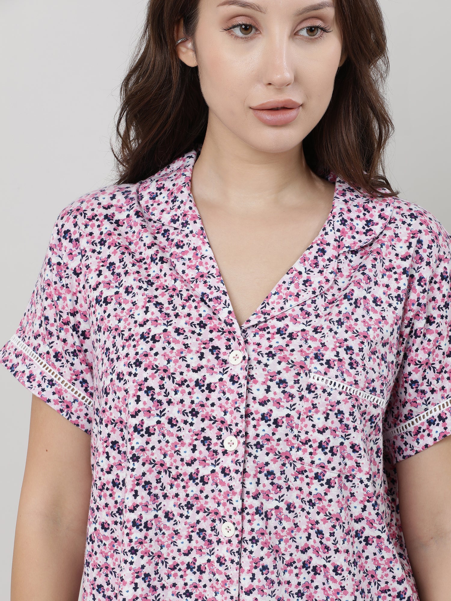 Women Floral Short Sleeves Shirt