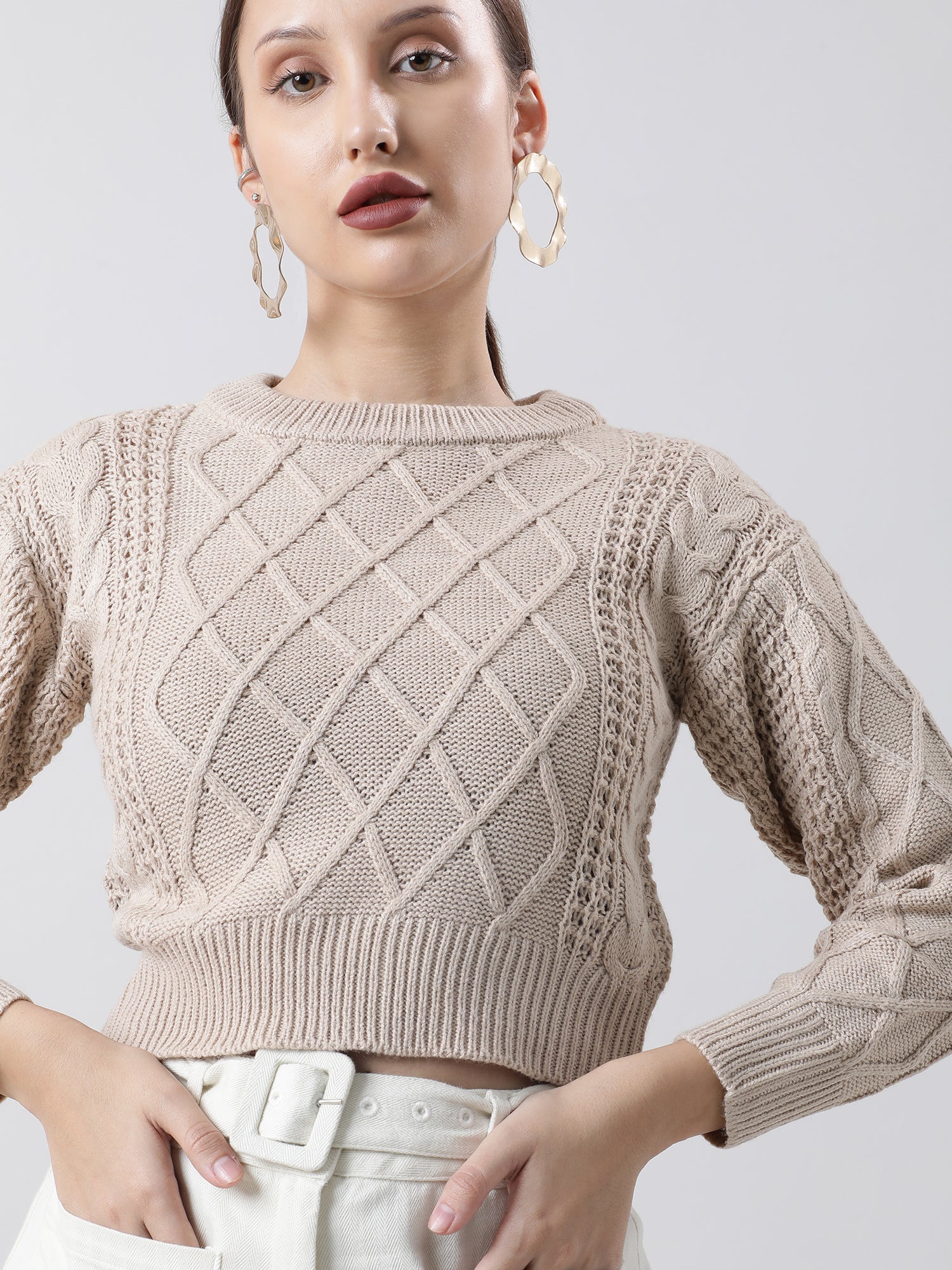 Women Regular Fit Knitted Beige Cropped Sweater
