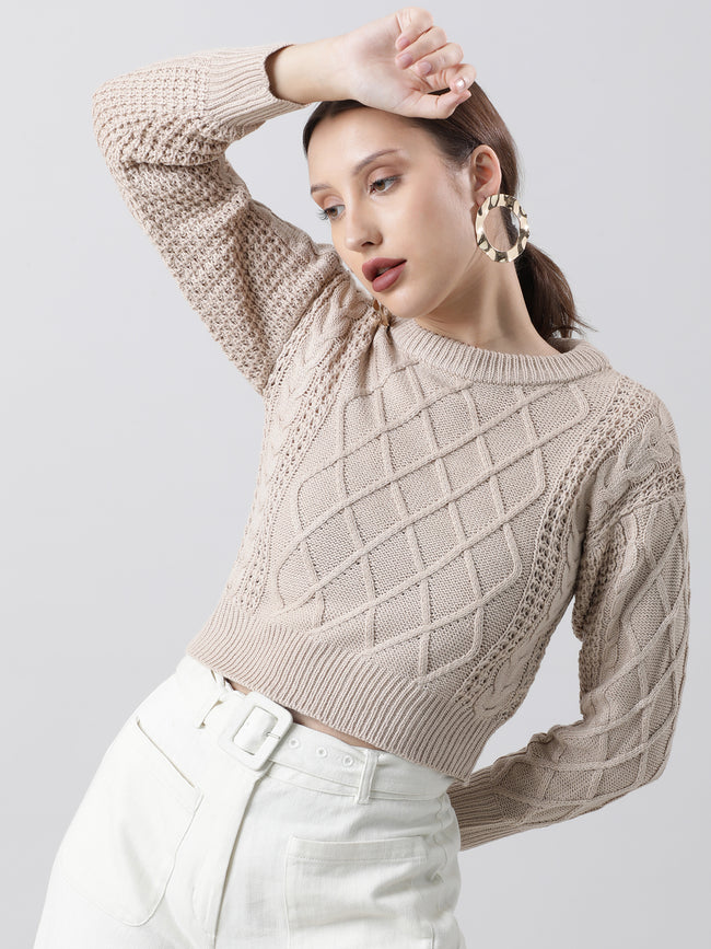 Women Regular Fit Knitted Beige Cropped Sweater