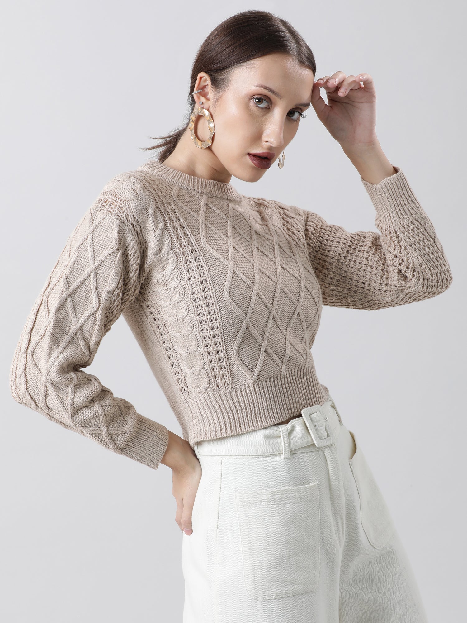 Women Regular Fit Knitted Beige Cropped Sweater