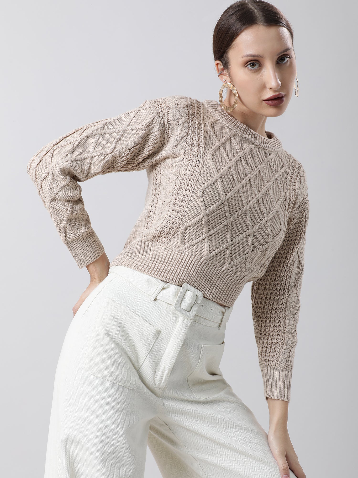 Women Regular Fit Knitted Beige Cropped Sweater