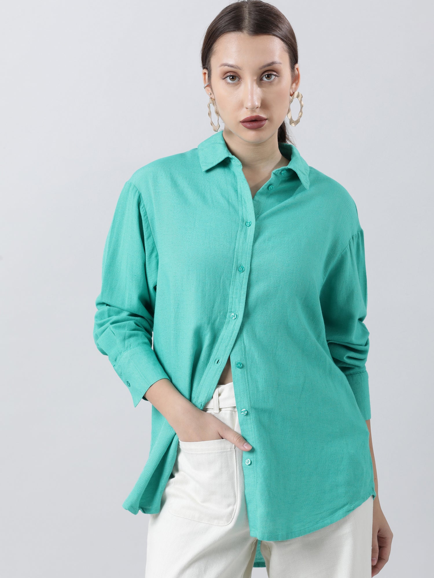 Women Regular Fit Textured Green Shirt