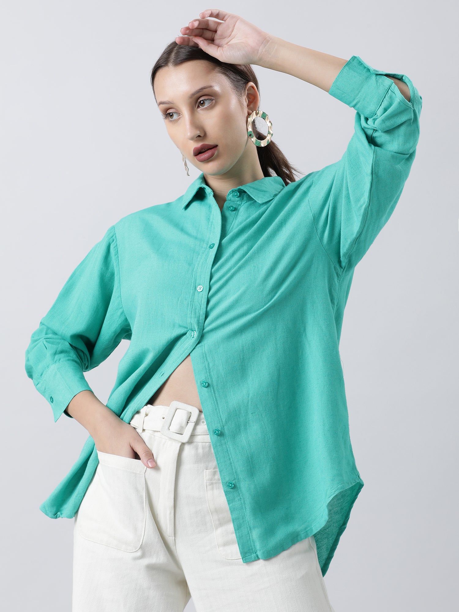 Women Regular Fit Textured Green Shirt