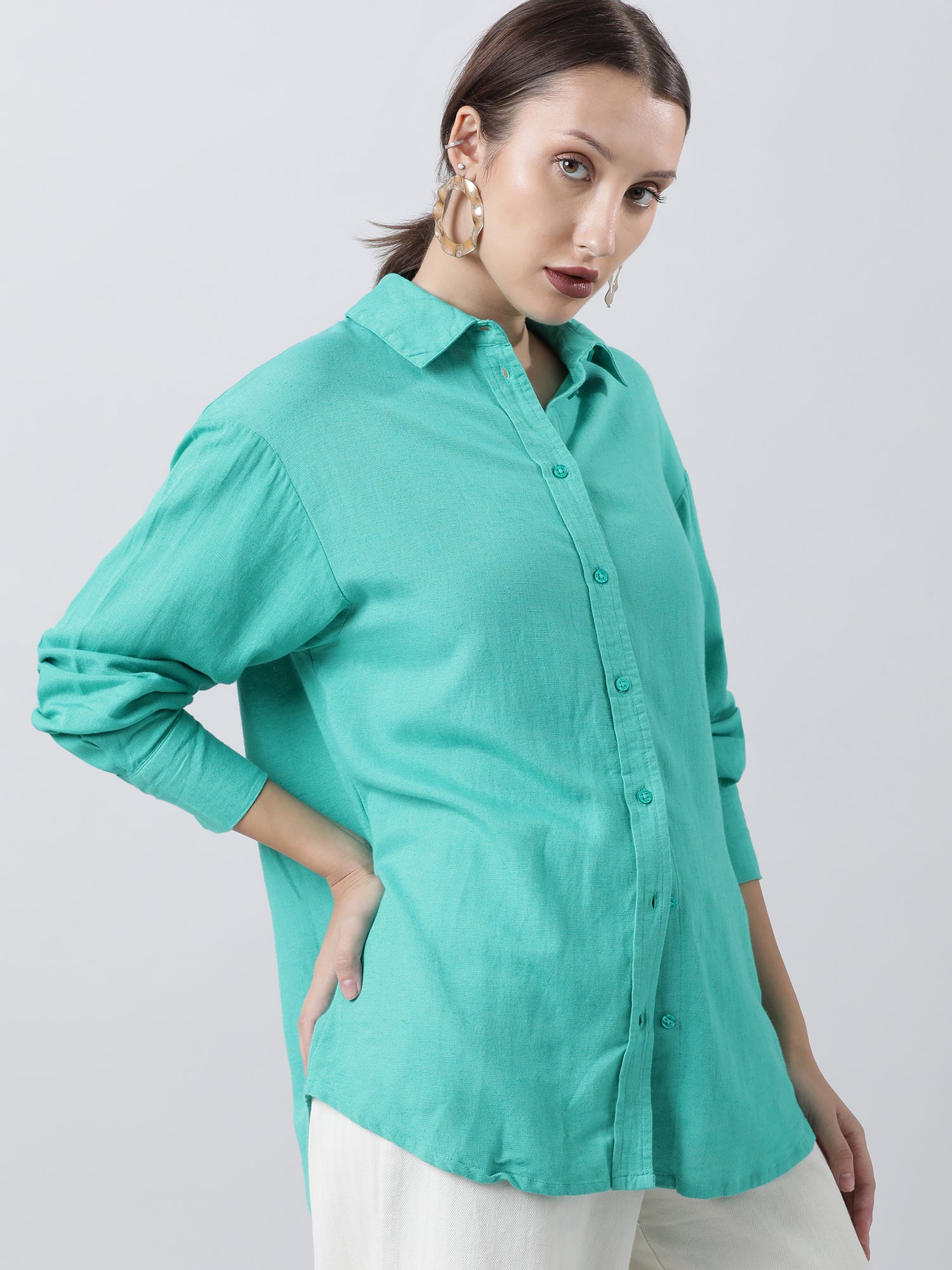 Women Regular Fit Textured Green Shirt