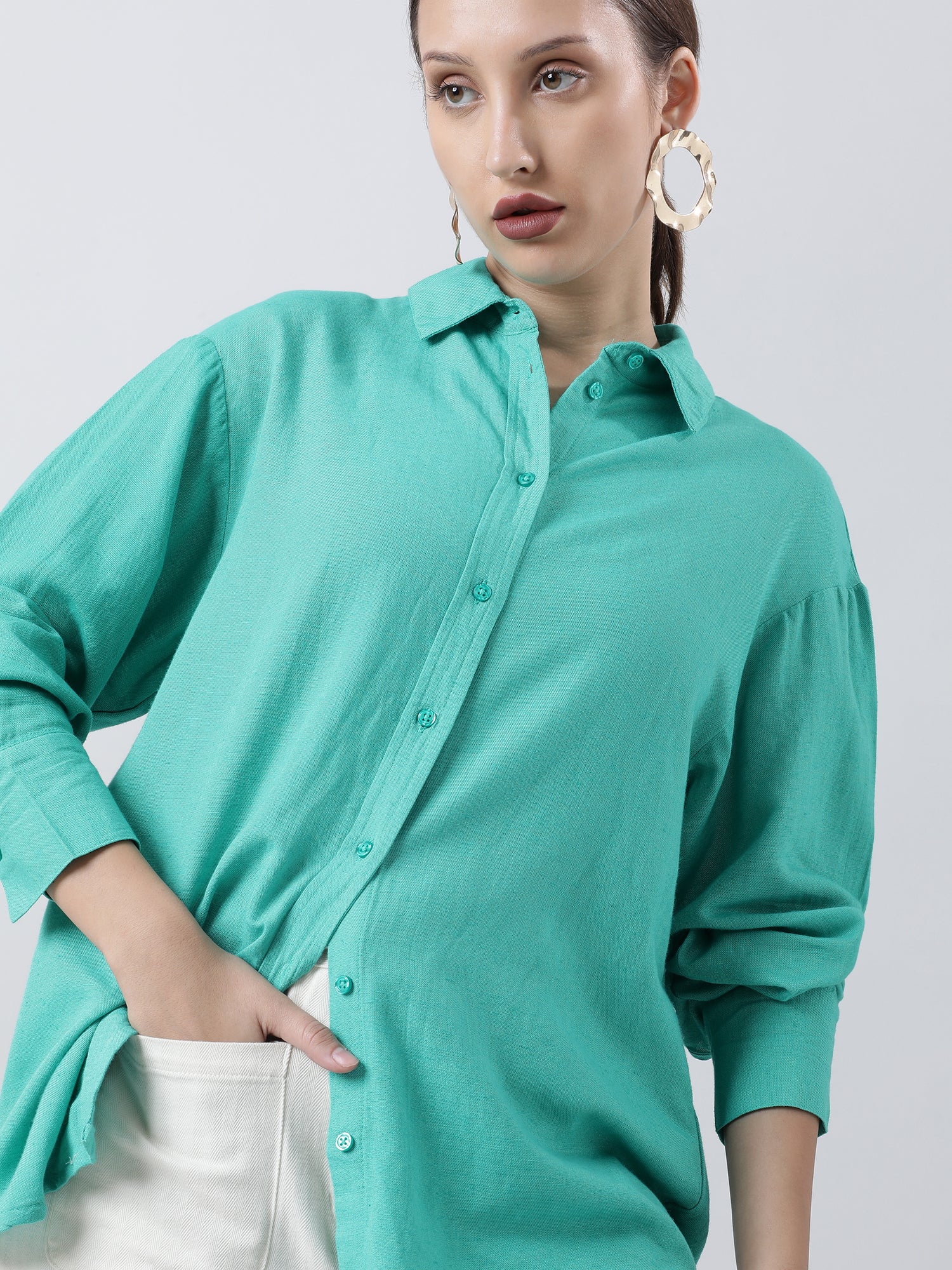 Women Regular Fit Textured Green Shirt