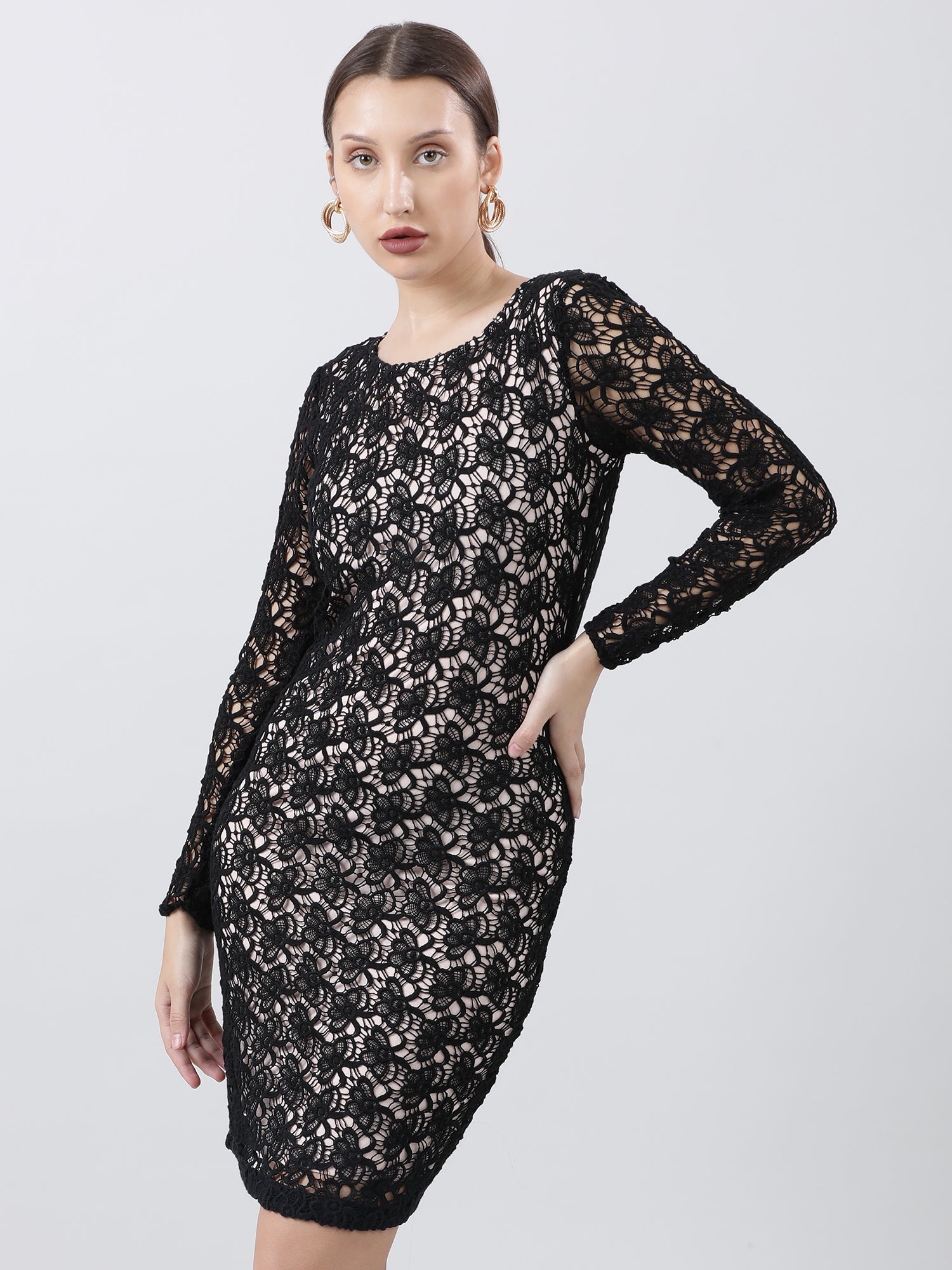 Women Slim Fit Lace A Line Black Dress With Full Sleeves