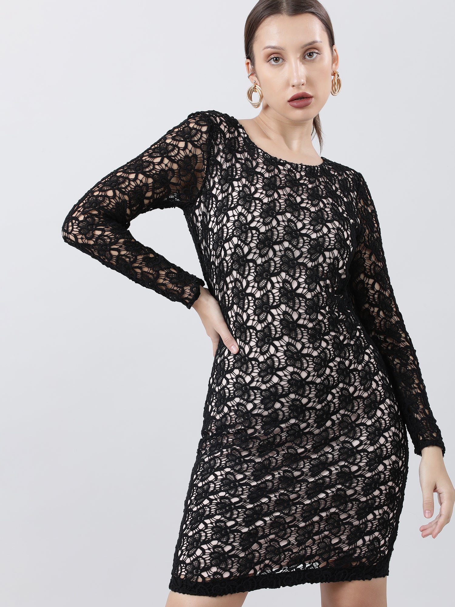 Women Slim Fit Lace A Line Black Dress With Full Sleeves