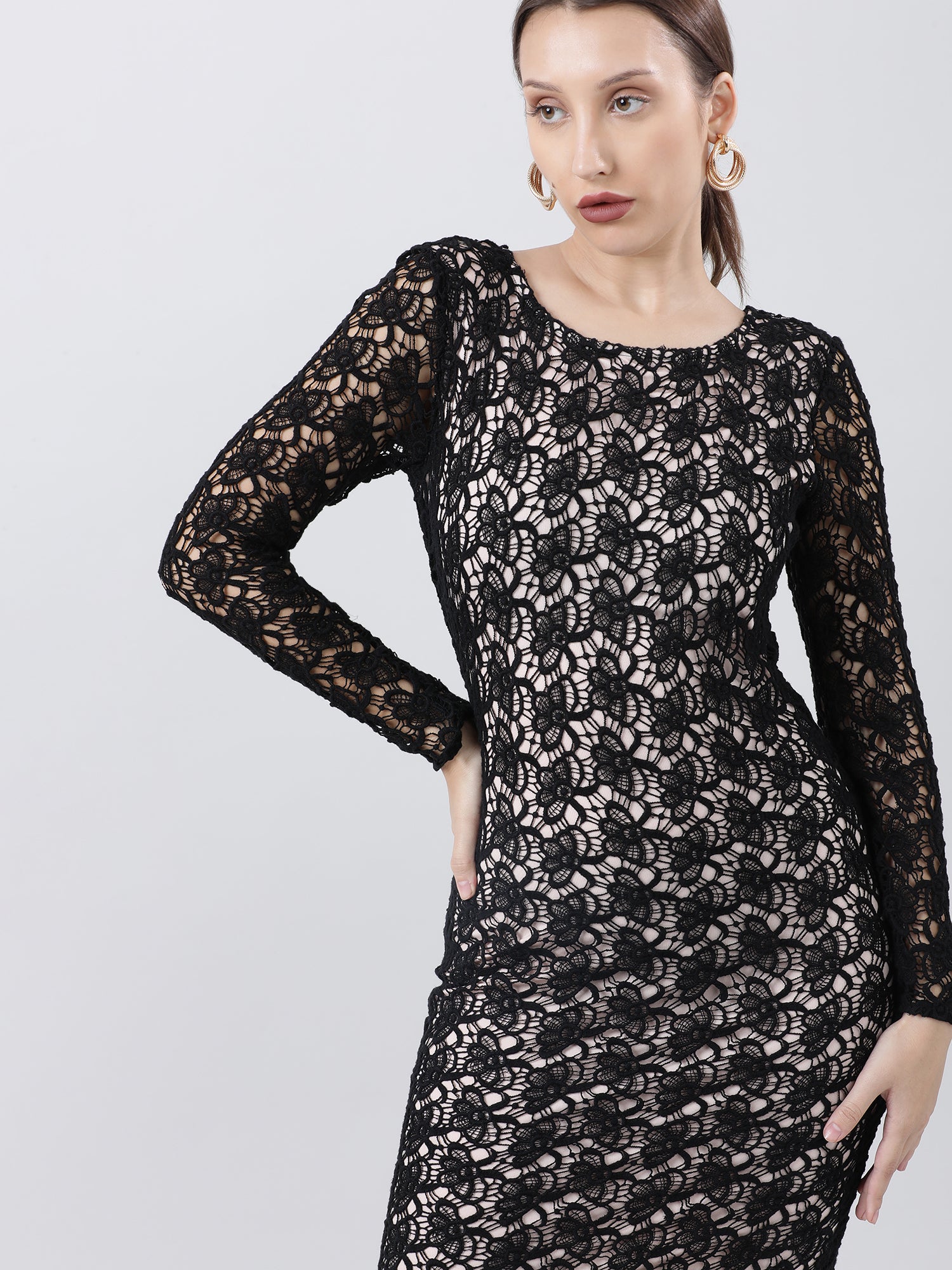 Women Slim Fit Lace A Line Black Dress With Full Sleeves