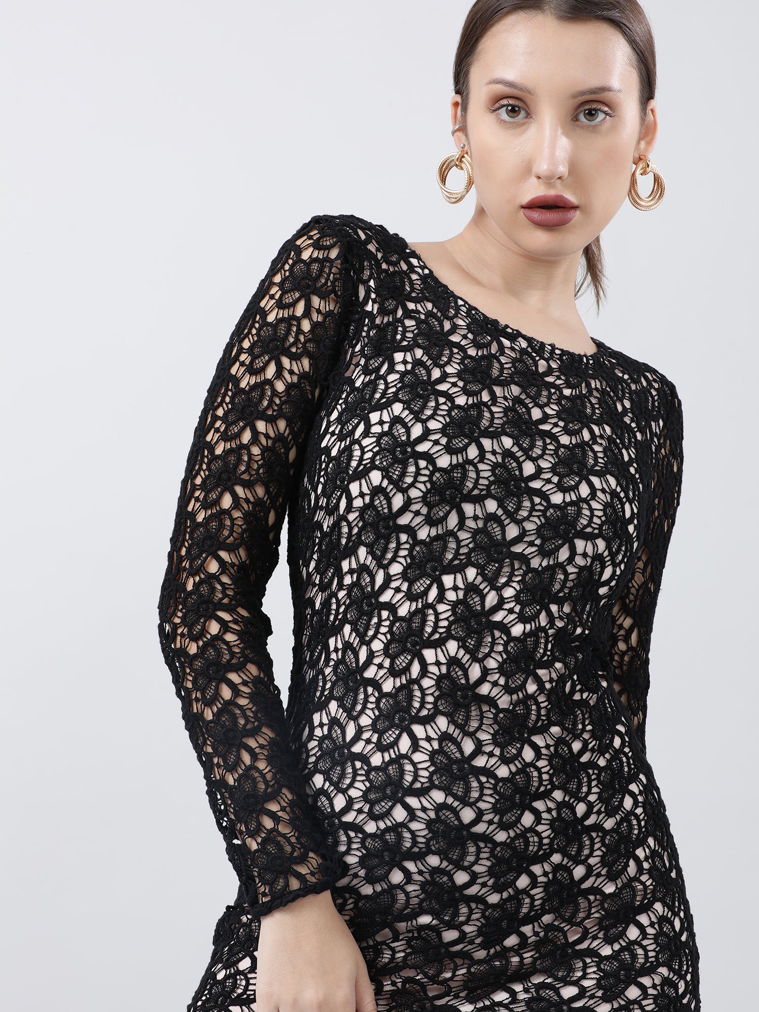 Women Slim Fit Lace A Line Black Dress With Full Sleeves