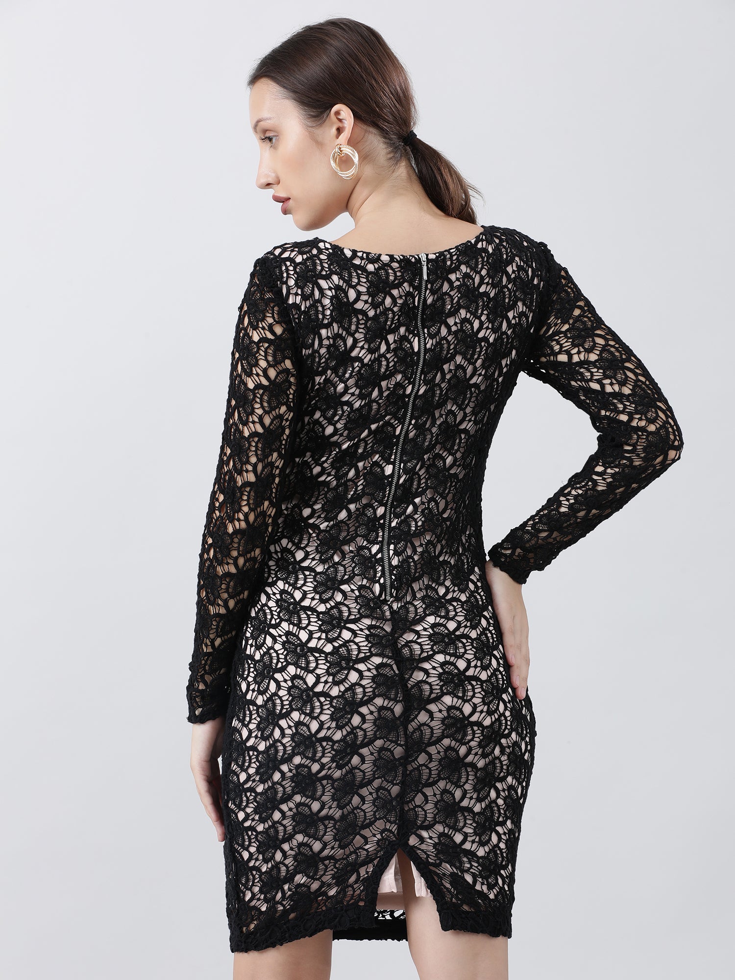 Women Slim Fit Lace A Line Black Dress With Full Sleeves