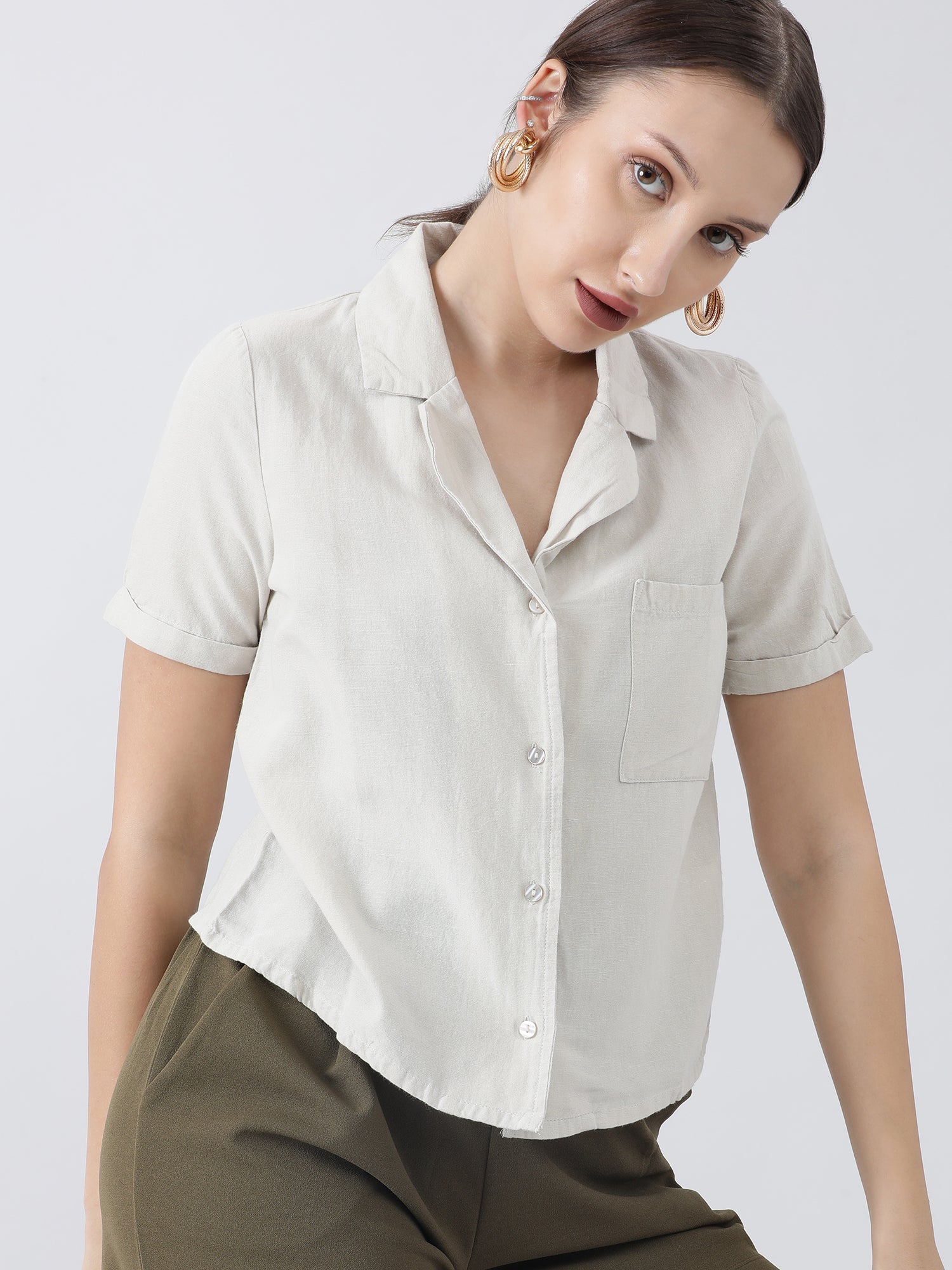 Women Regular Fit Beige Button Down Shirt