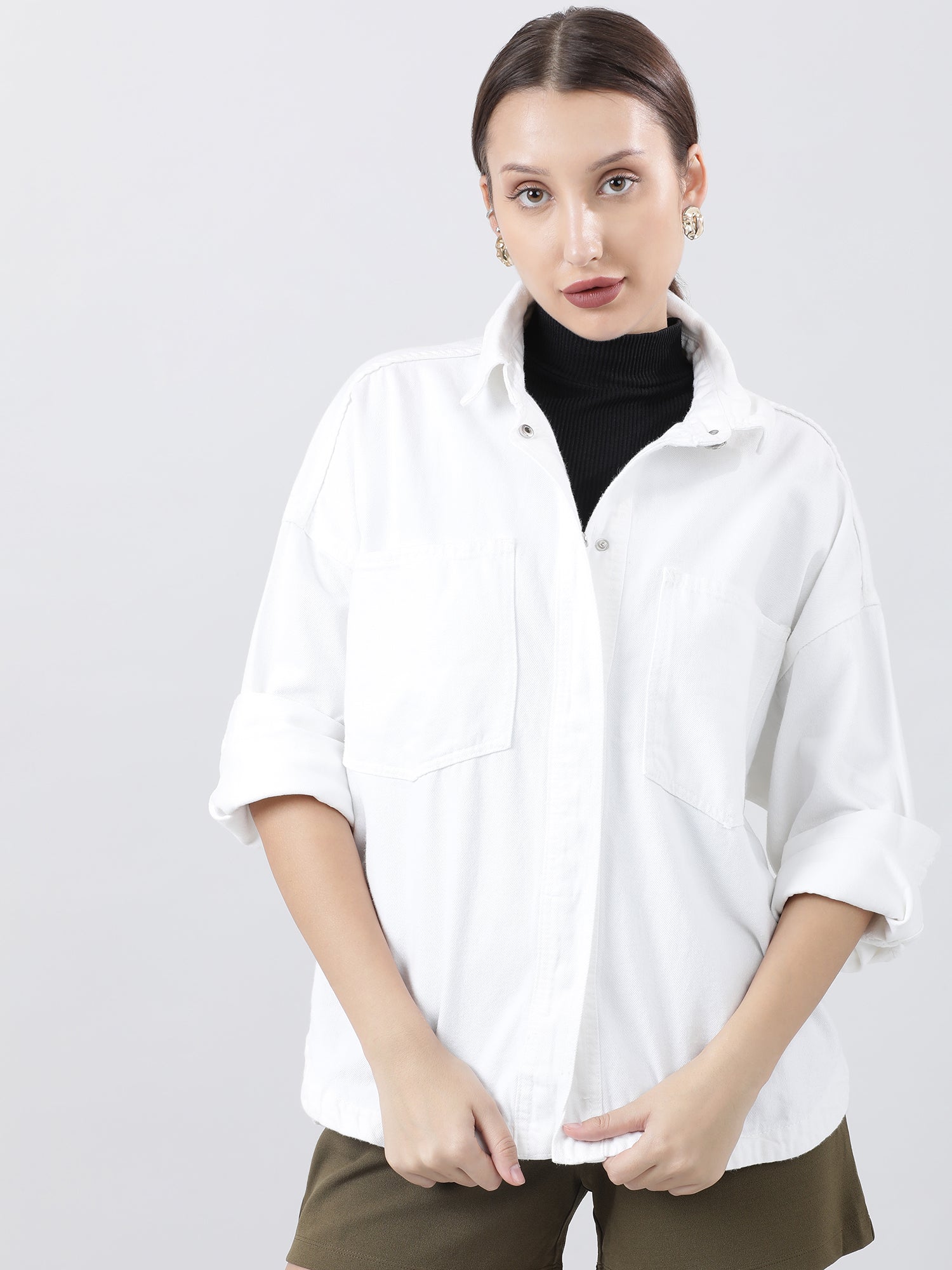 Women Regular Fit White Button Down Oversized Shirt