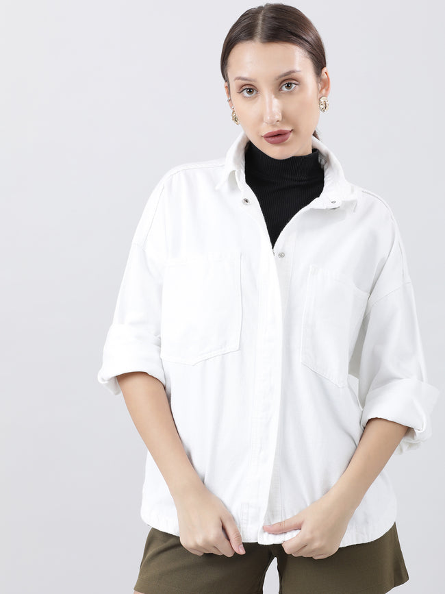 Women Regular Fit White Button Down Oversized Shirt