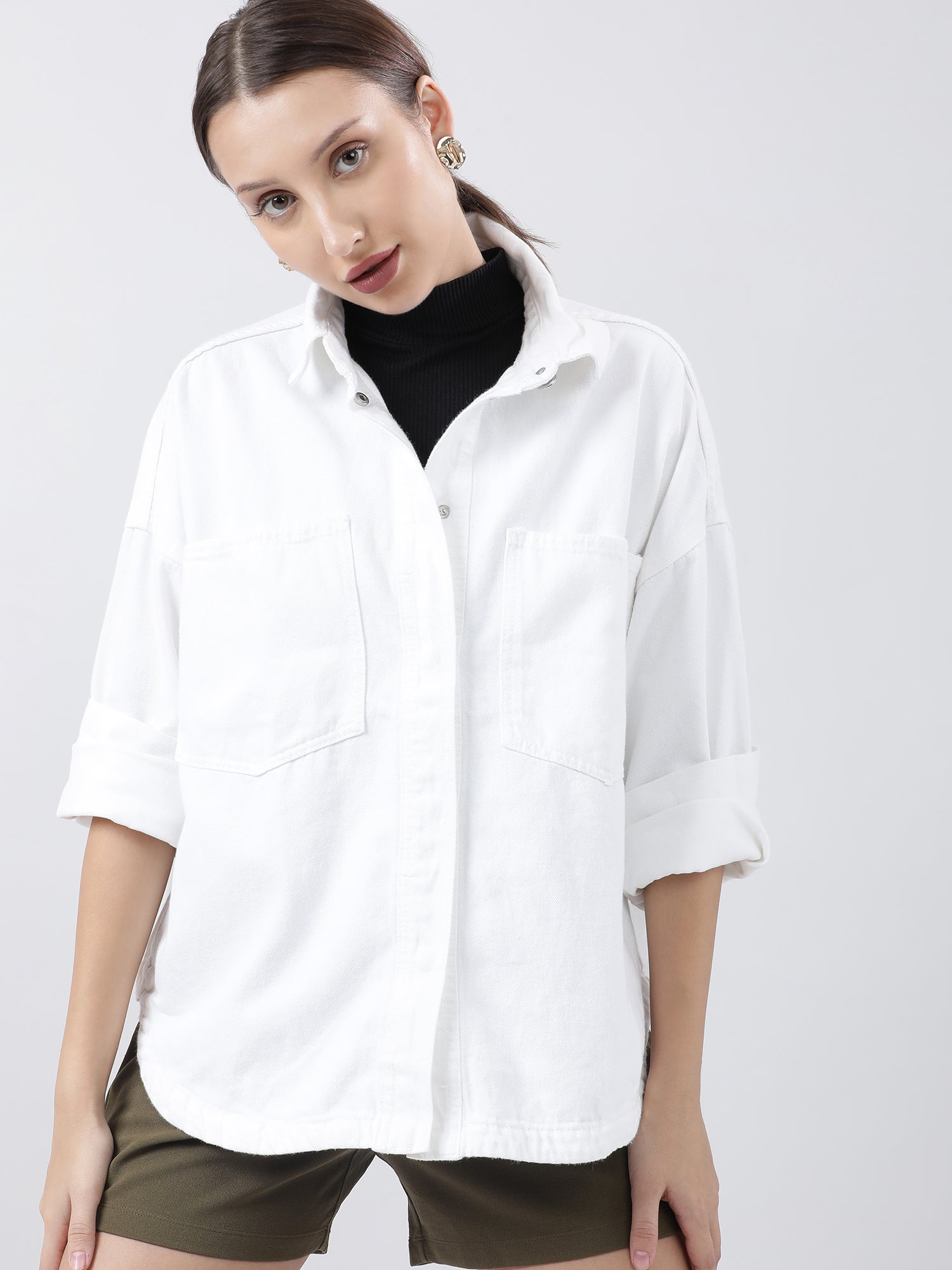 Women Regular Fit White Button Down Oversized Shirt