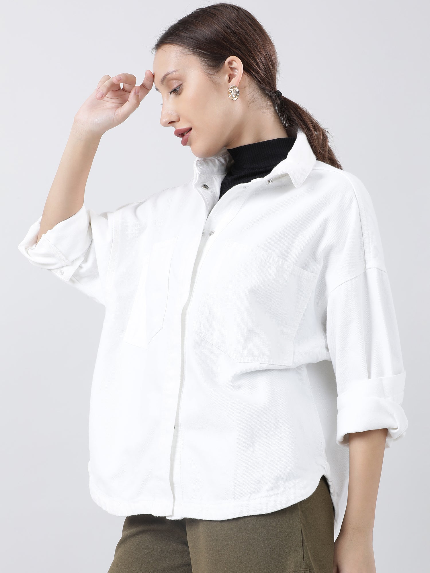 Women Regular Fit White Button Down Oversized Shirt