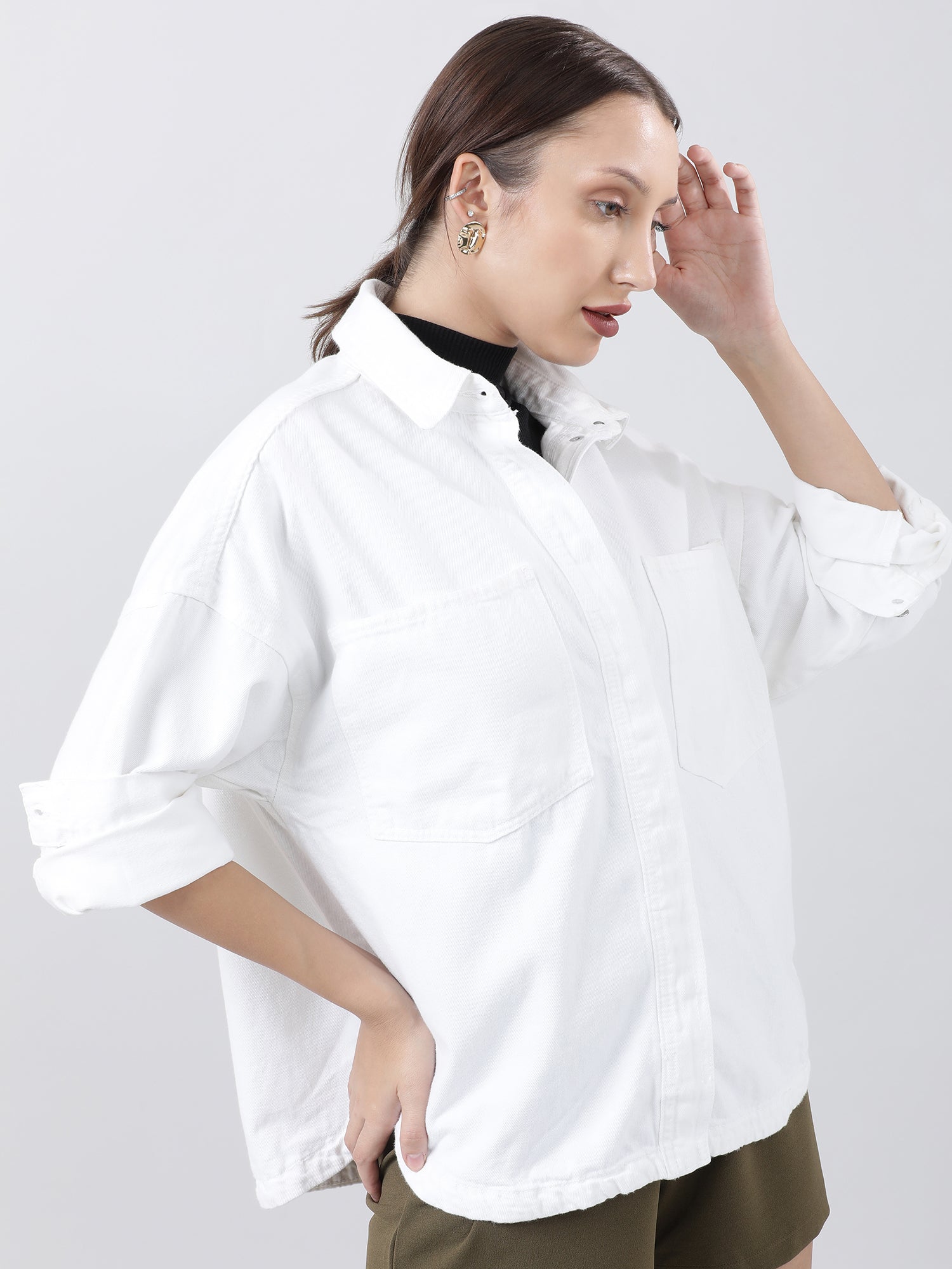 Women Regular Fit White Button Down Oversized Shirt