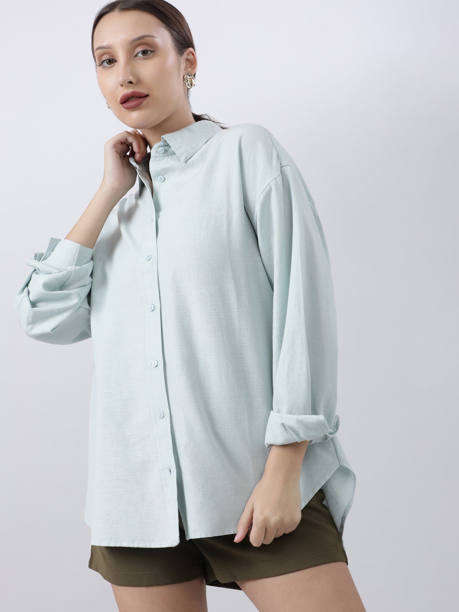 Women Regular Fit Button Down Drop Shoulder Light Blue Shirt