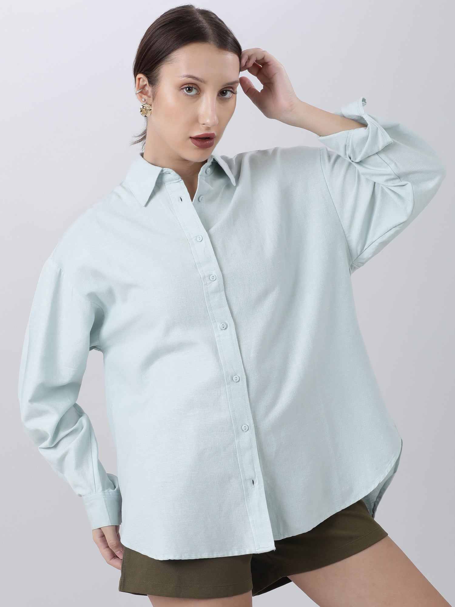 Women Regular Fit Button Down Drop Shoulder Light Blue Shirt