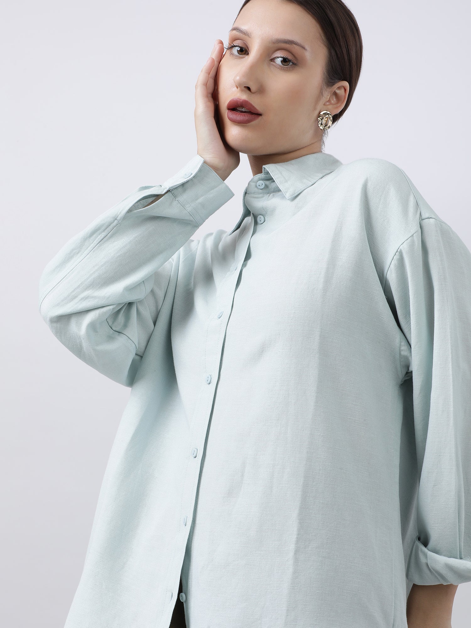 Women Regular Fit Button Down Drop Shoulder Light Blue Shirt