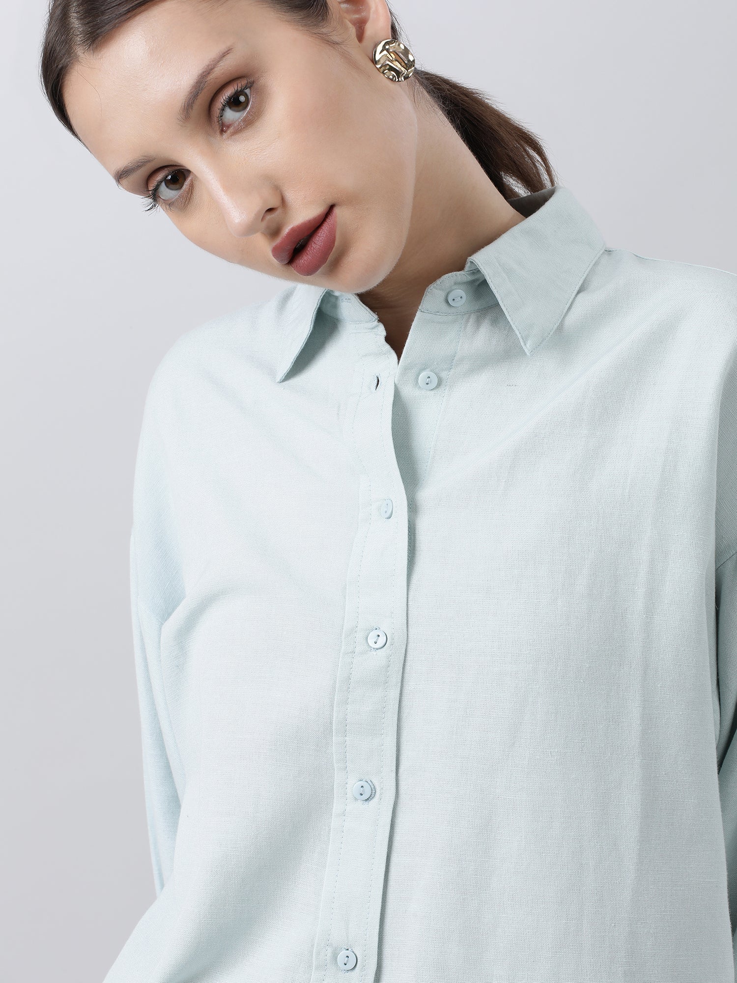 Women Regular Fit Button Down Drop Shoulder Light Blue Shirt