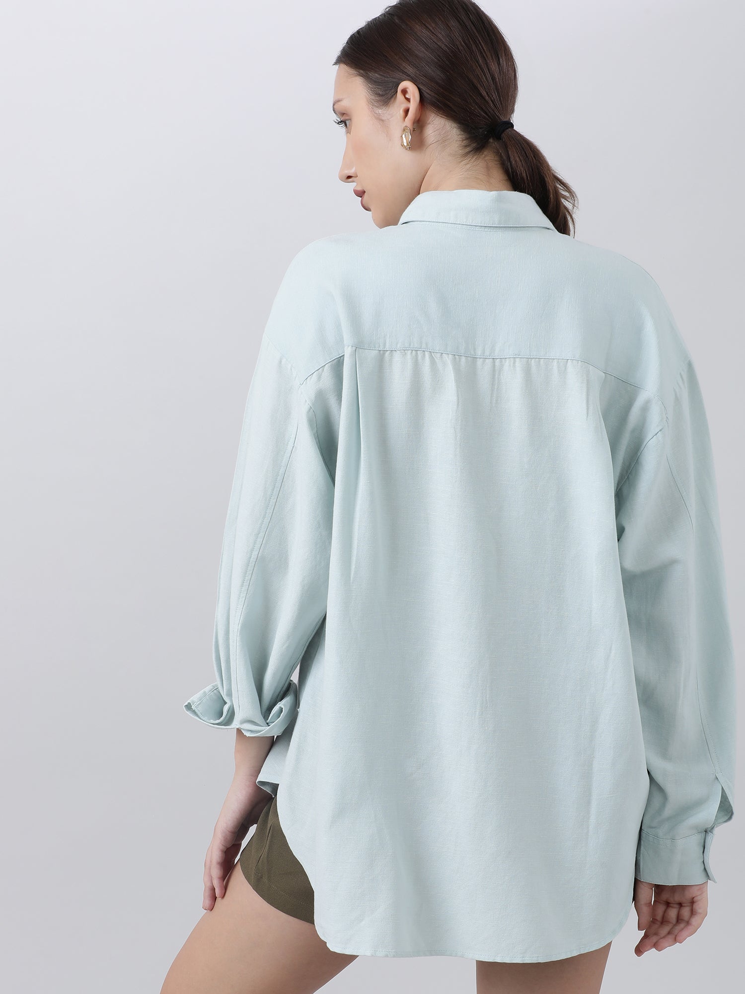 Women Regular Fit Button Down Drop Shoulder Light Blue Shirt