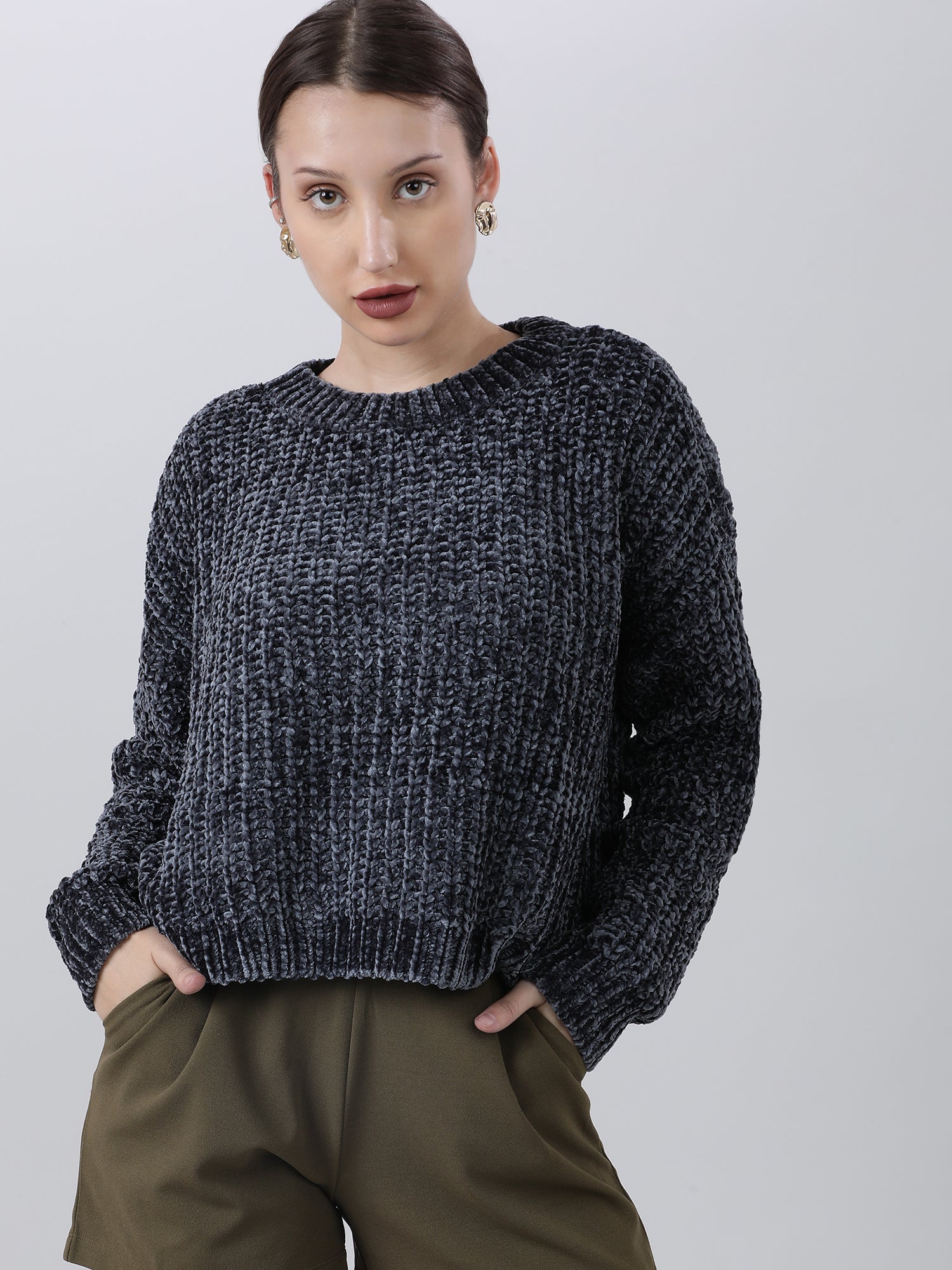 Women Regular Fit Dark Grey Knitted Sweater