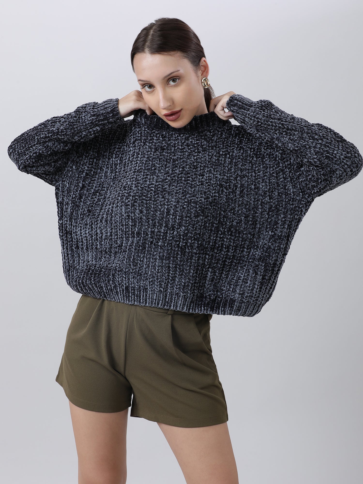 Women Regular Fit Dark Grey Knitted Sweater