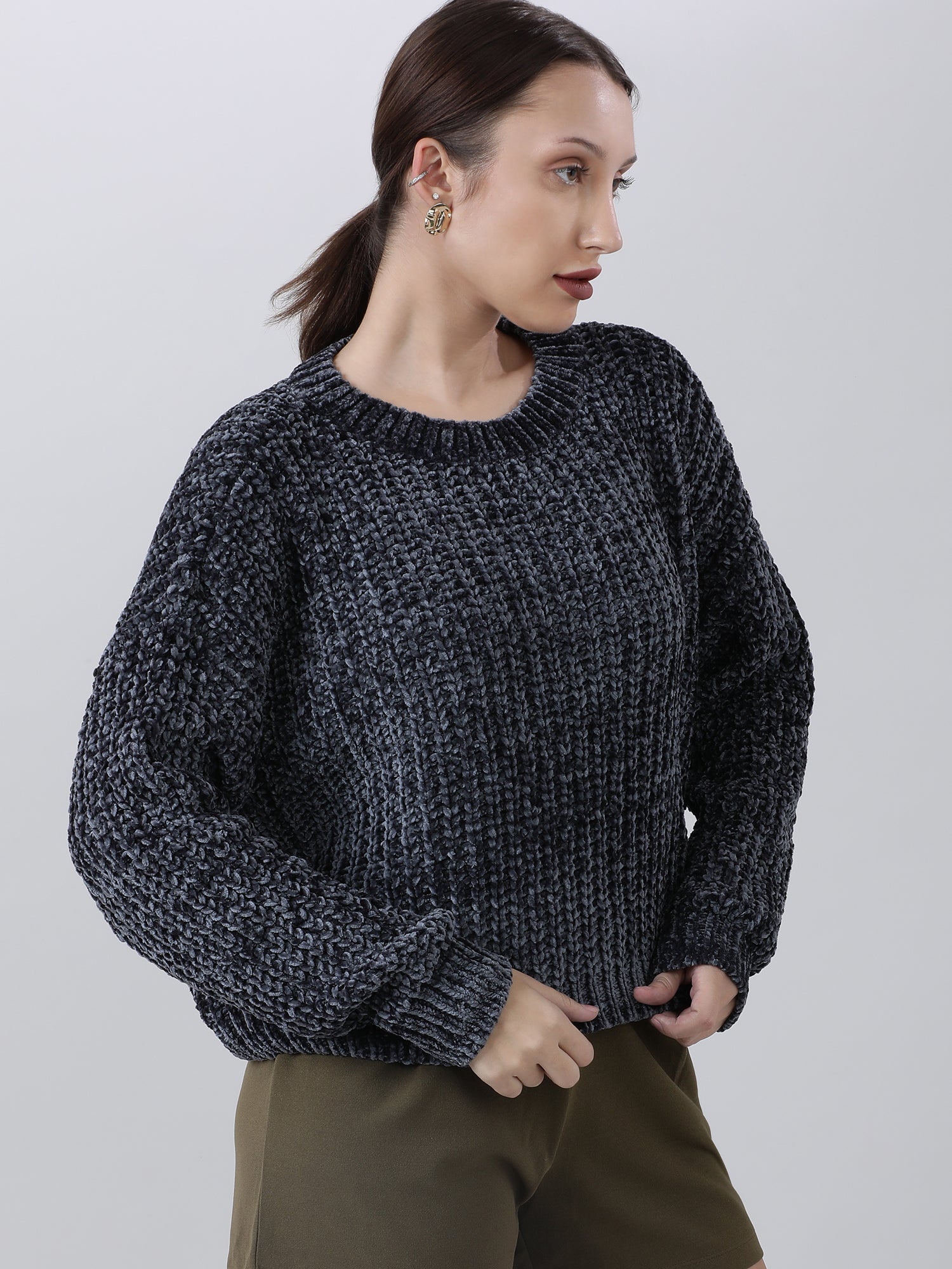 Women Regular Fit Dark Grey Knitted Sweater