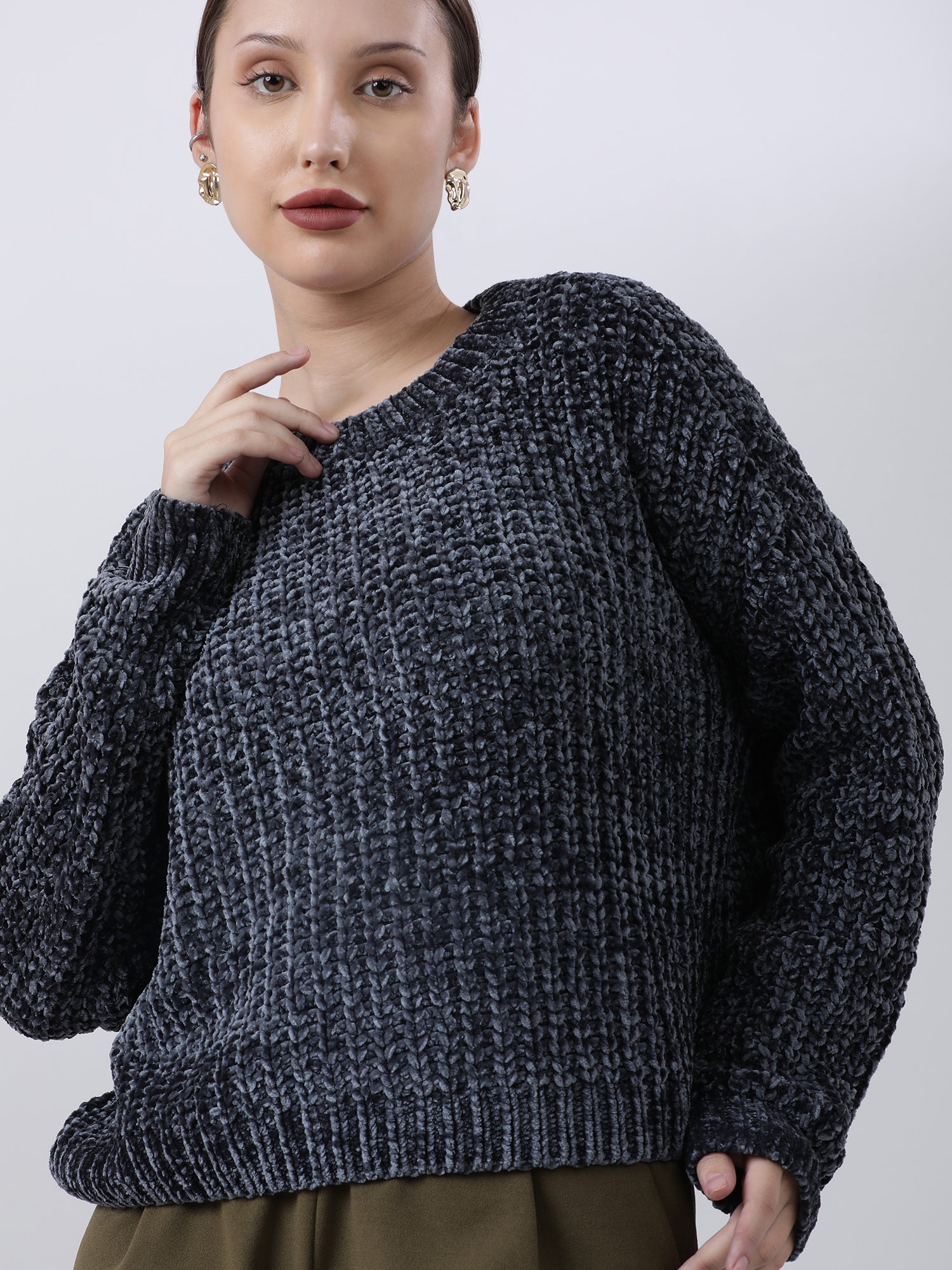 Women Regular Fit Dark Grey Knitted Sweater