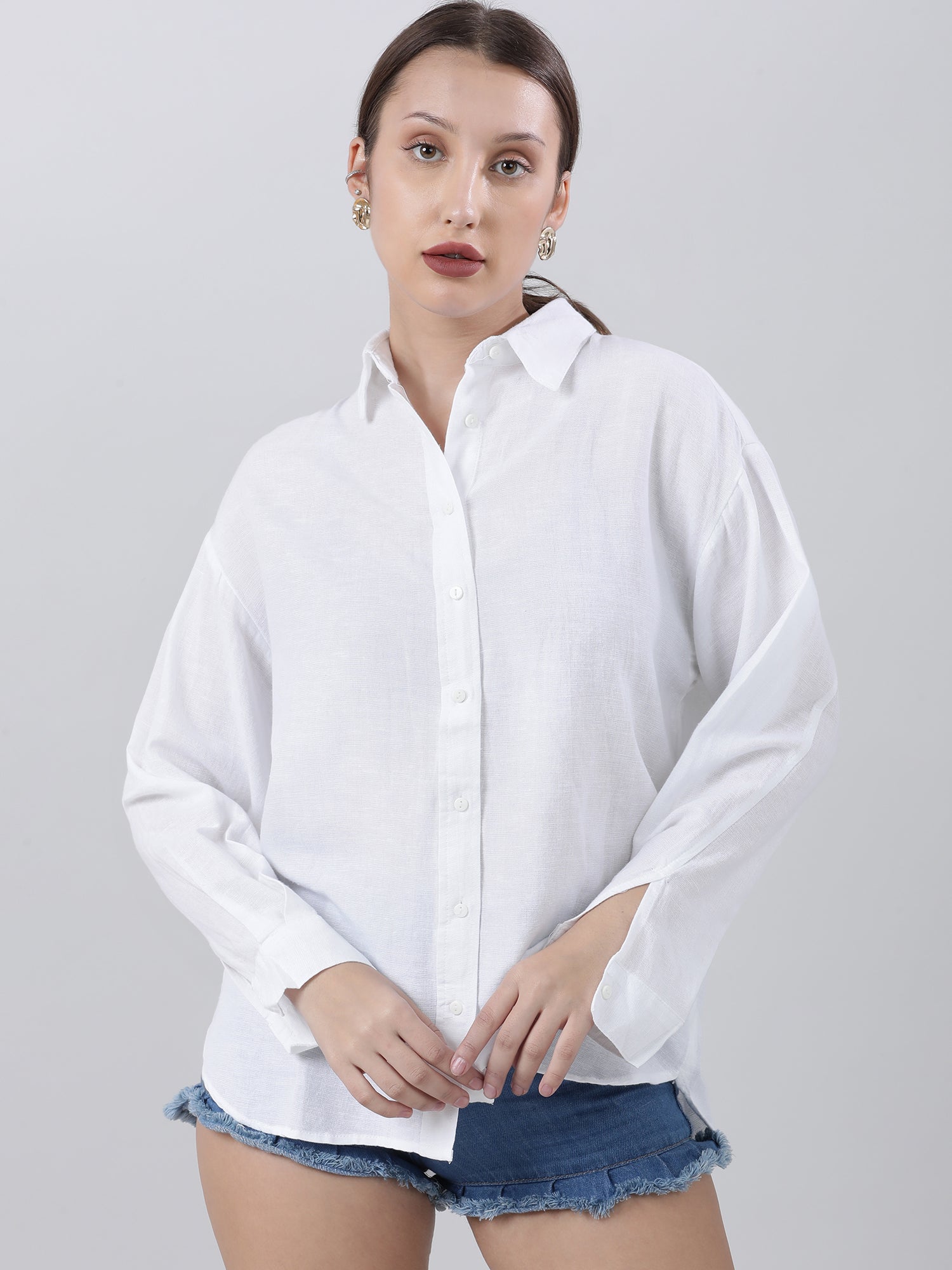 Women Regular Fit Button Down Drop Shoulder White Shirt